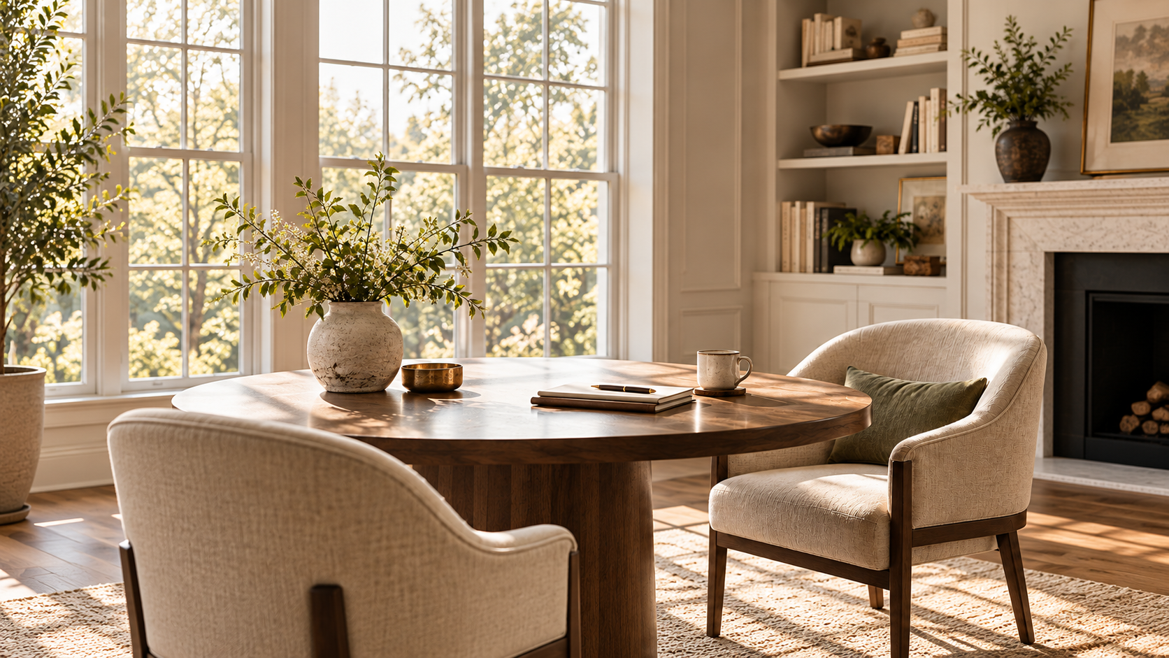 Living room with large windows, a wooden dining table with a vase of flowers, notebooks, and a mug, beige chairs, a fireplace, and built-in shelves with books and decor, sunlight streaming in.