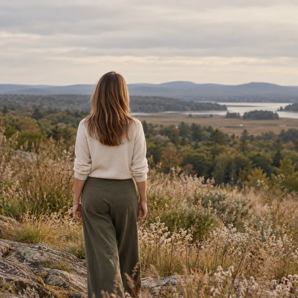 A woman standing on a hilltop overlooking a vast landscape with trees, water, and distant mountains, during a cloudy day.