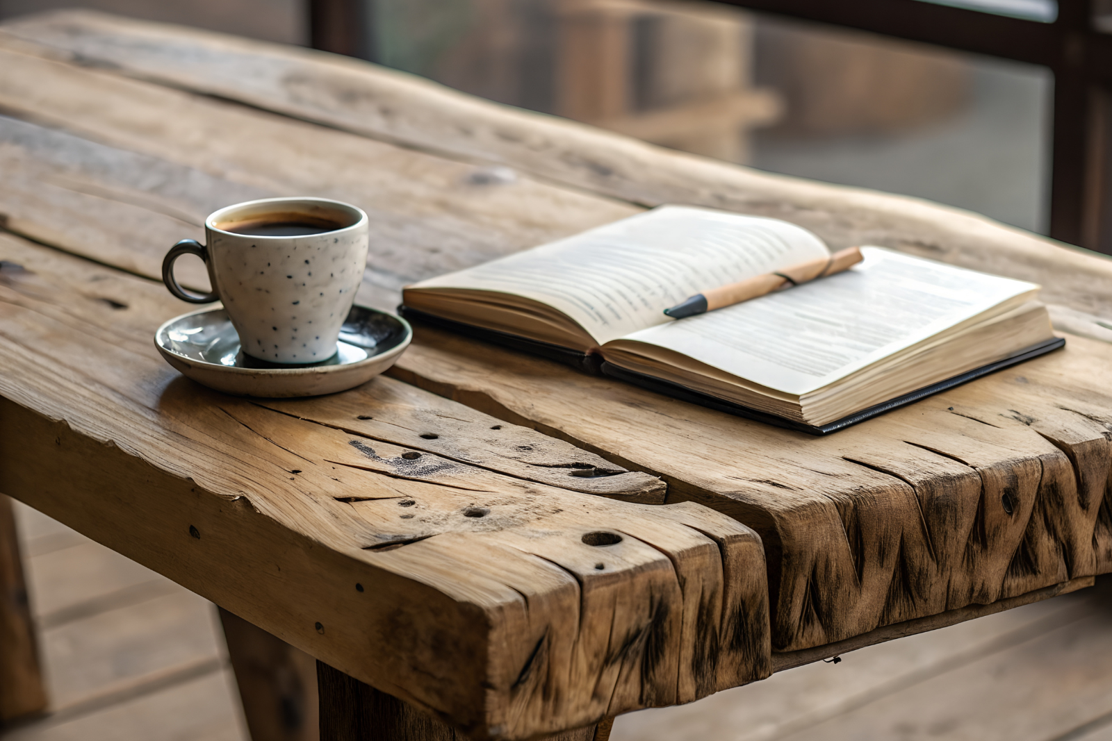 A rustic wooden table holding an open book with a black pen on top and a speckled ceramic coffee cup on a matching saucer.