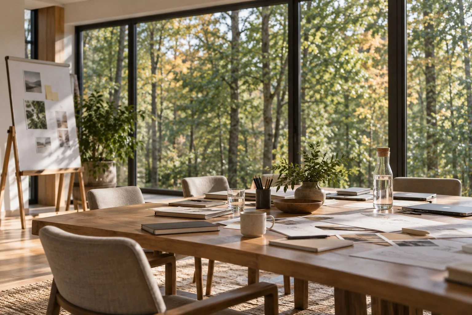 A conference room with a large wooden table surrounded by beige chairs, a glass pitcher of water, notebooks, and a plant on the table, large windows showing a forest outside.