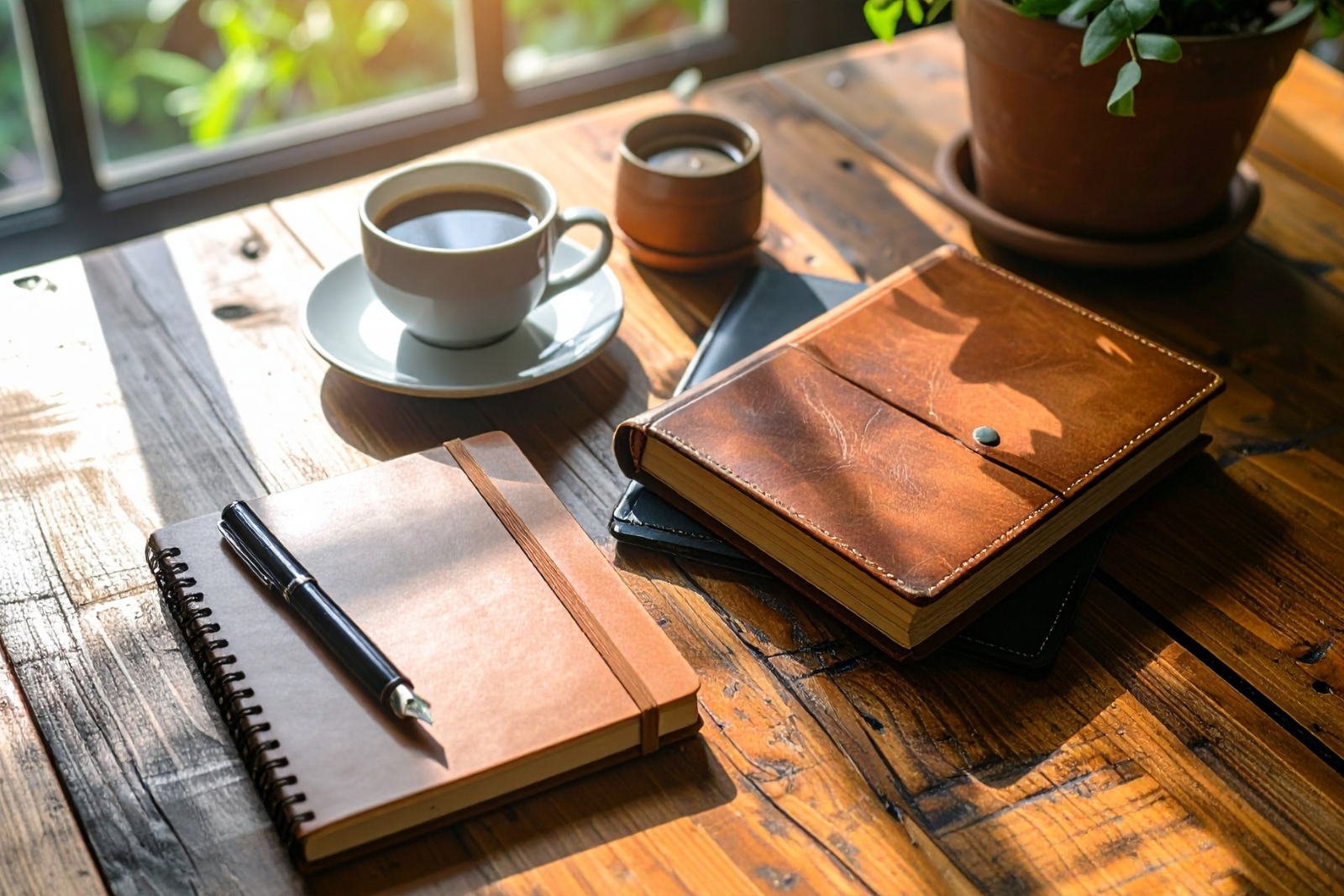 A wooden table with a spiral notebook, black pen, two closed notebooks, a white cup of coffee on a saucer, a smaller cup, and a large potted plant in the background with sunlight streaming in.