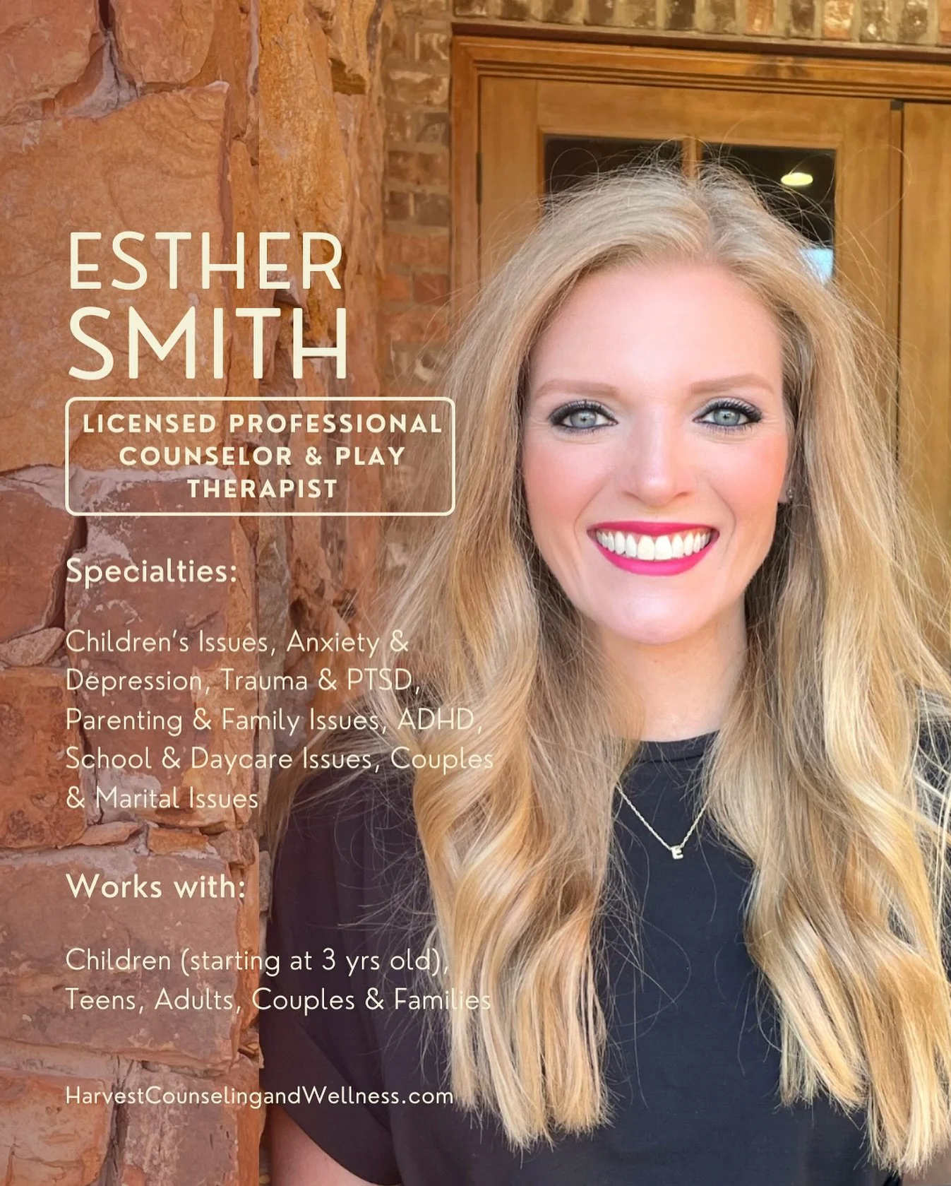 Meet Esther Smith! Esther is a Licensed Professional Counselor, Play Therapist, &amp; Trauma Therapist. She specializes in Children&rsquo;s &amp; Teens&rsquo; Issues, Anxiety &amp; Depression, Trauma &amp; PTSD, Parenting &amp; Family Issues, ADHD, S