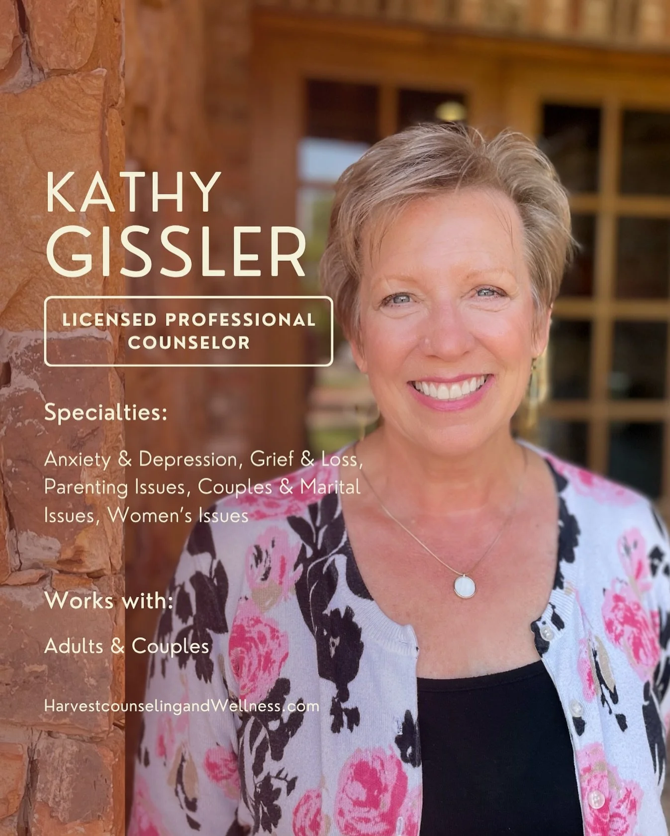 Meet Kathy Gissler, Licensed Professional Counselor! Kathy sees adults and couples. She specializes in Anxiety &amp; Depression, Grief &amp; Loss, Parenting Issues, Couples &amp; Marital Issues, Women&rsquo;s Issues, and more. Contact her today.
.
Ha