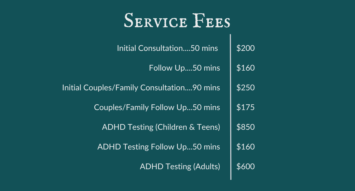 Crystal Oehlers counseling fees and session rates at Harvest Counseling & Wellness in Argyle, TX. Chart showing counseling session rates for children, teens, adults, families, ADHD testing for children, teens, & adults.