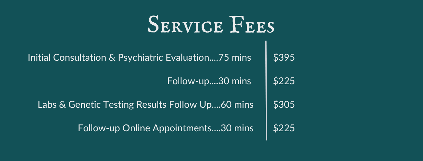Taylor Fancher, Psychiatric Nurse Practitioner service fees list at Harvest Counseling & Wellness in Argyle, TX. Taylor provides comprehensive psychiatric evaluations, testing, genetic testing, & online appointments for Texas Residents.