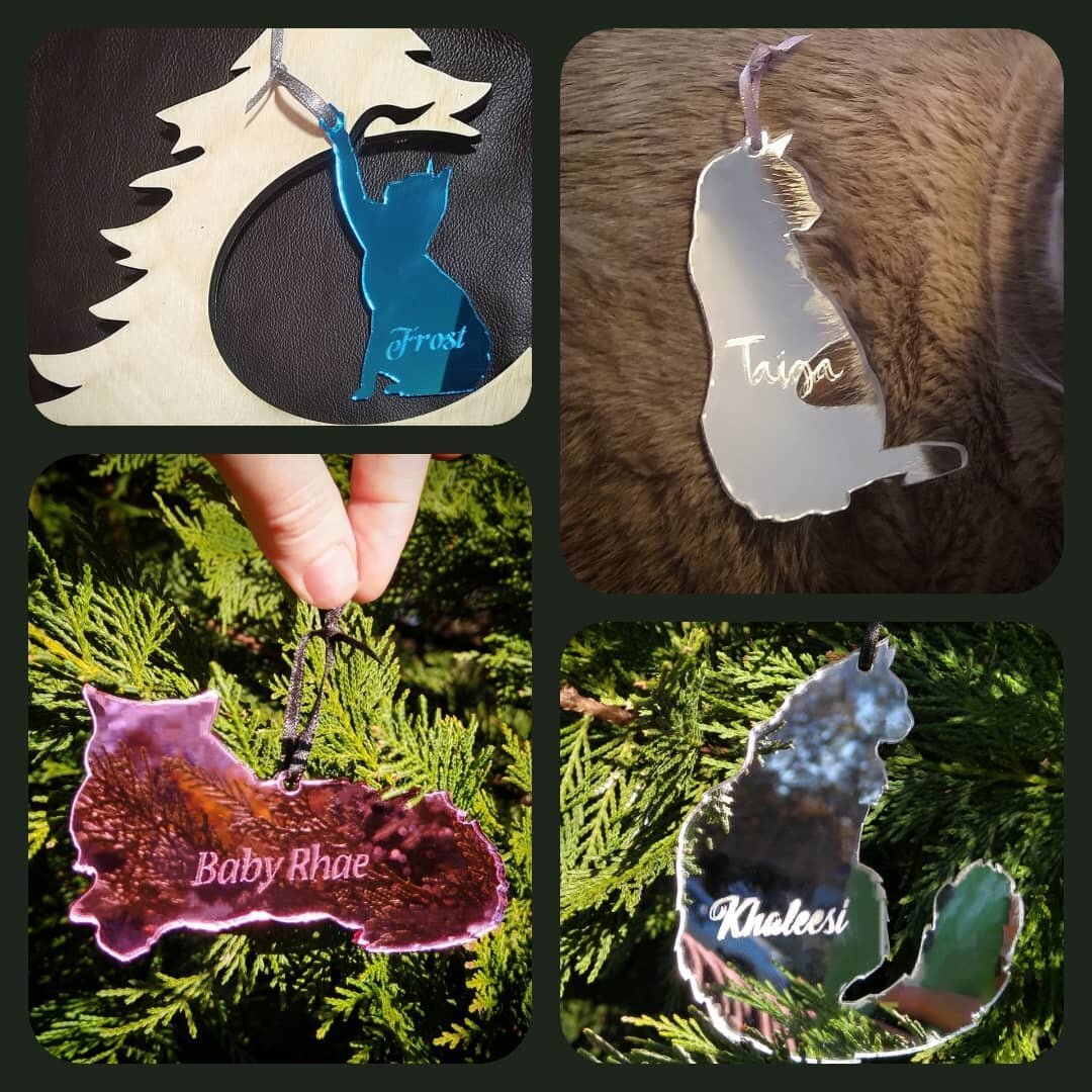 Personalizable Shiny Catornaments now available! 🐈🎄💕 
Lasercut and Engraved on Mirrored Acrylic, these shiny bois come in 9 different styles and can have a beloved pets name Engraved to memorialize them for all time. Make Wonderful keepsakes or gi