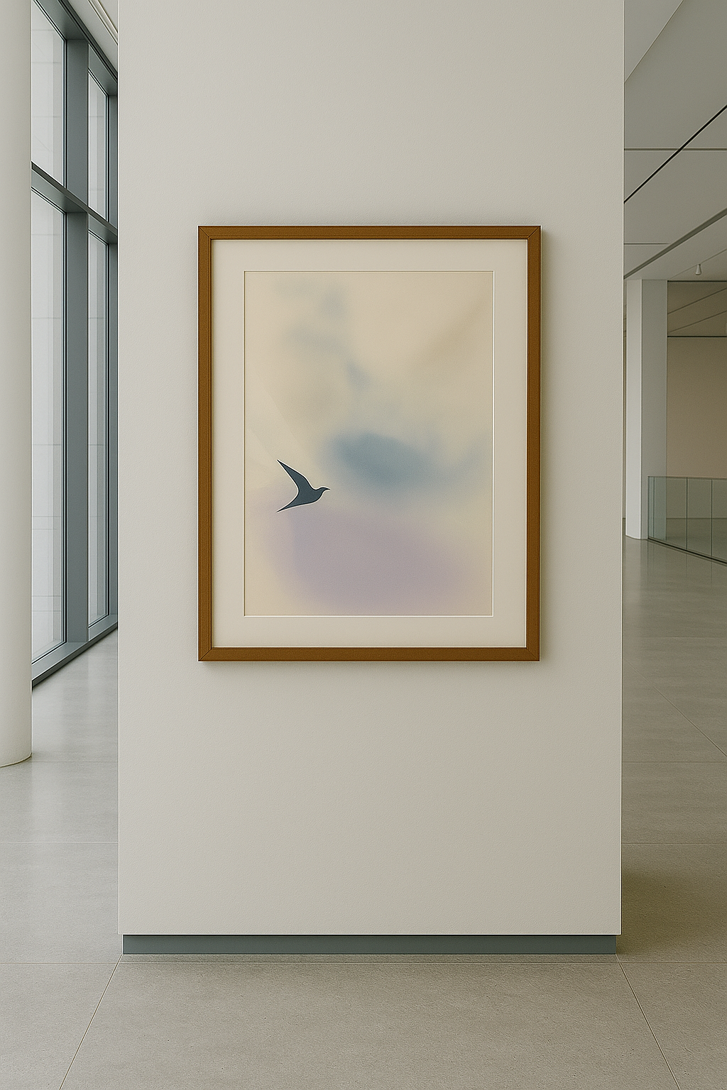 Silhouetted flight in minimalist gallery.png