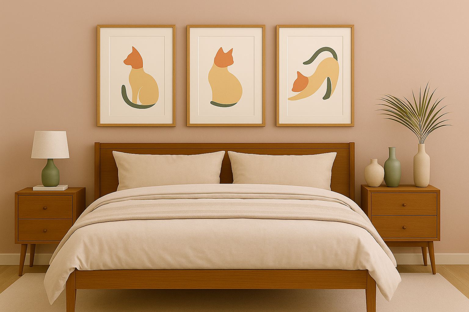 Minimalist Cat Prints in Cozy Bedroom.png