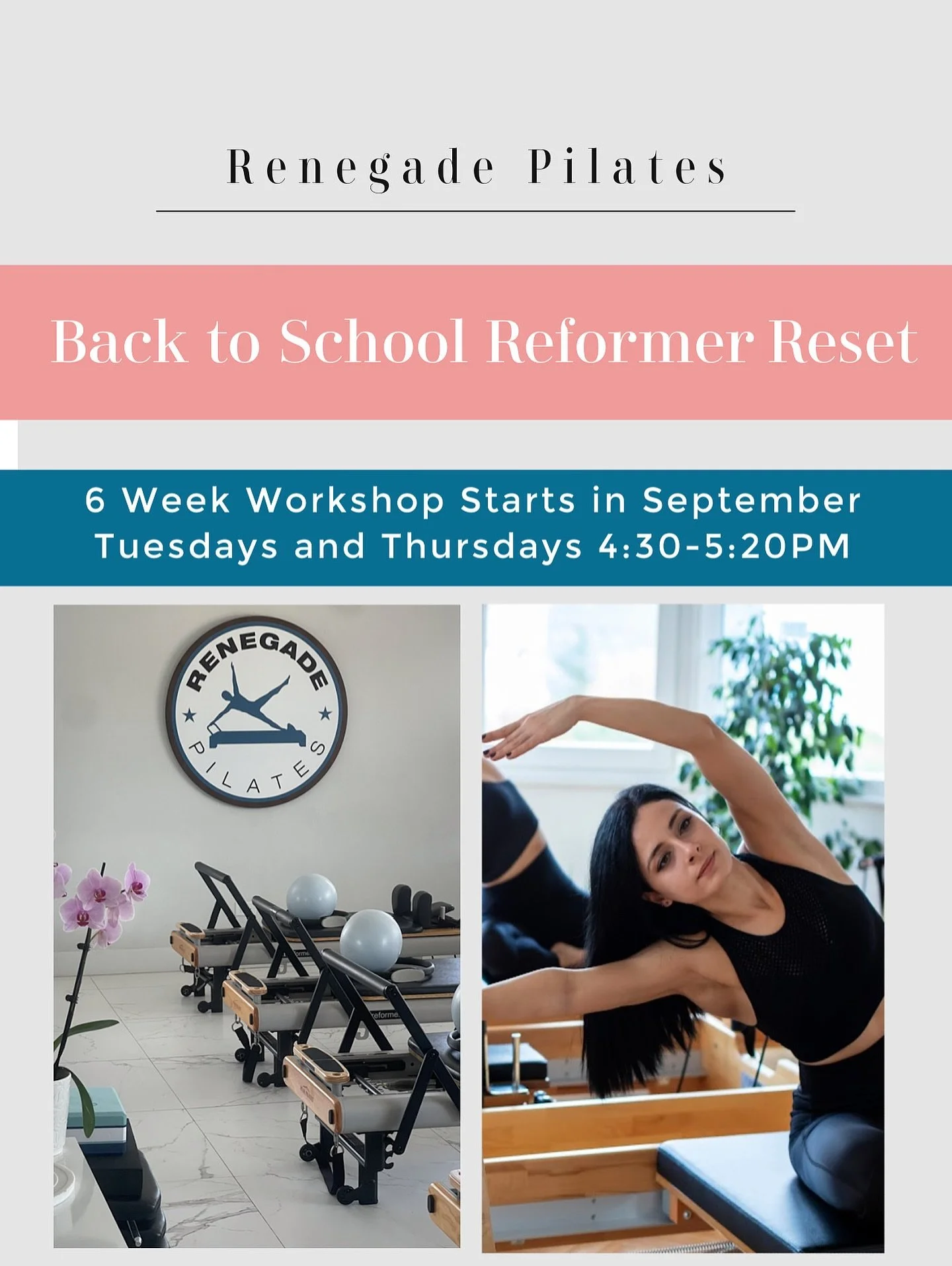 Proud to announce our second upcoming fall workshop. 6 Week Back to School 4:30 PM Reformer Reset starts this September. DM for more info and to sign up.