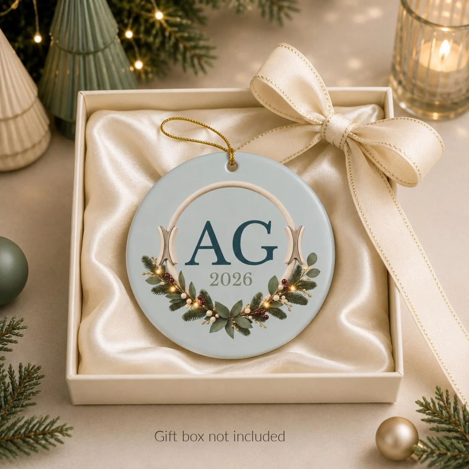 Personalized 2026 holiday ornament with initials displayed in a gift box with festive greenery