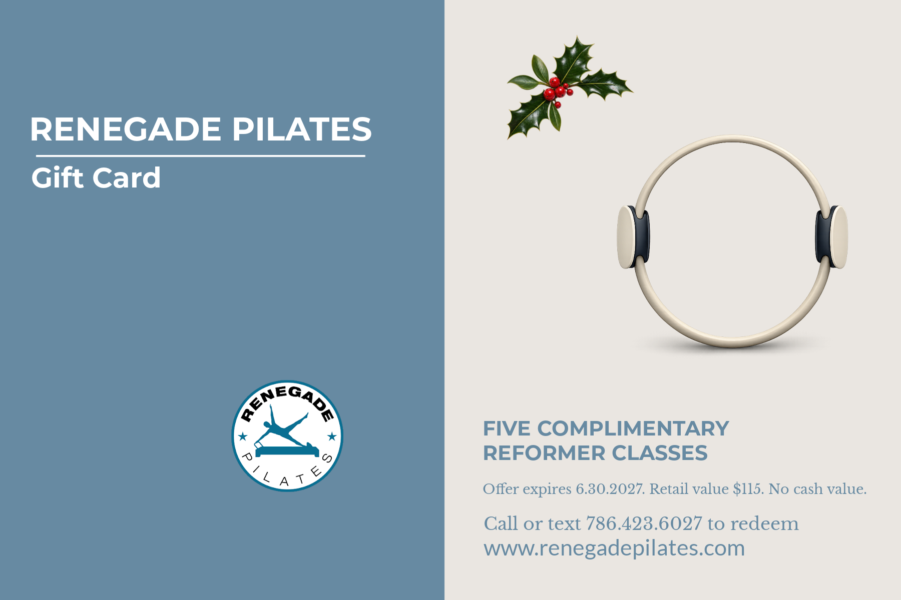 Renegade Pilates holiday gift card for five Pilates classes