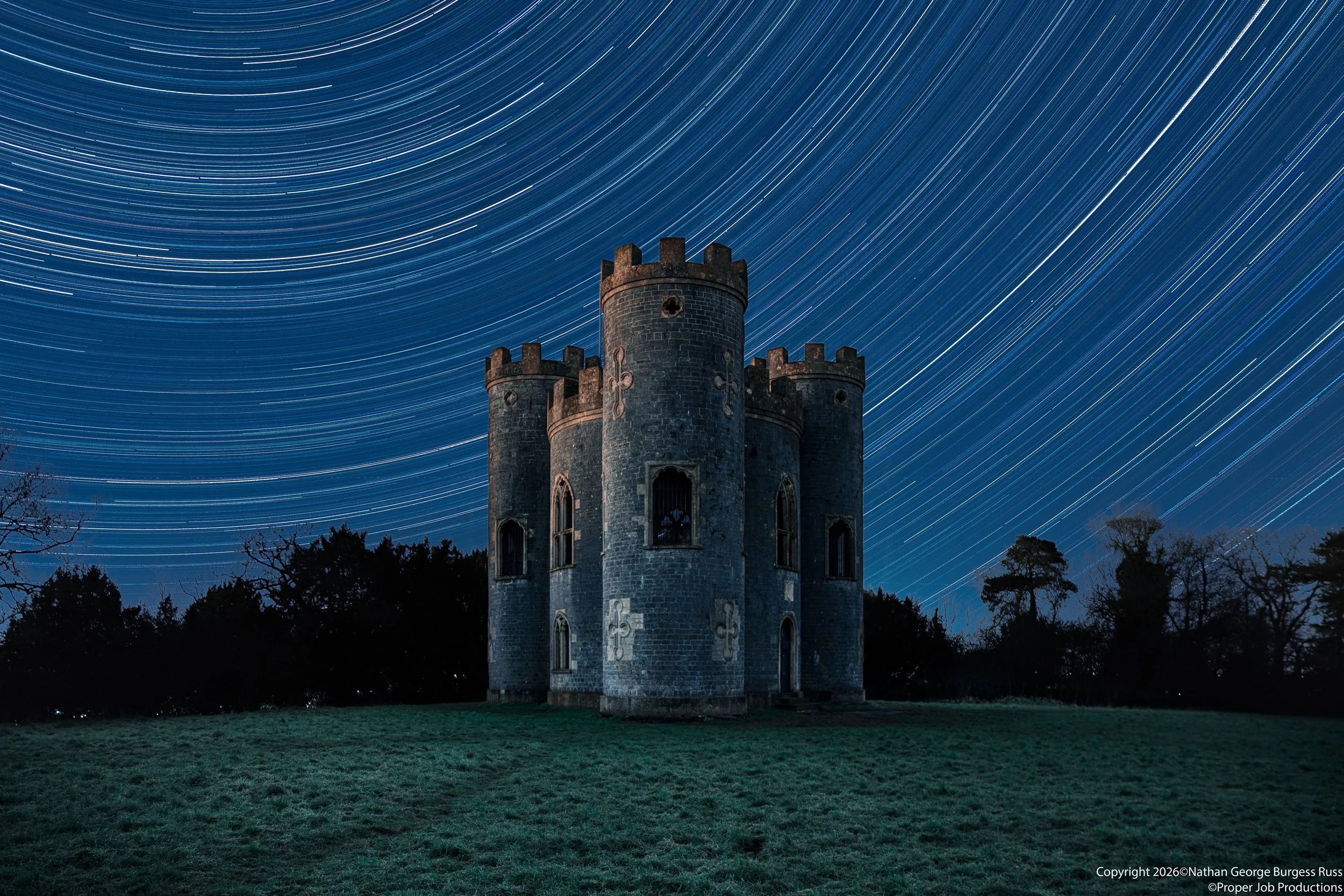 Star Trails above Blaise Castle in January 2026.

Blaise Castle is a folly built in the Gothic Revival style of architecture. This sham castle was built in 1766 by Robert Mylne at a cost of £3000.
