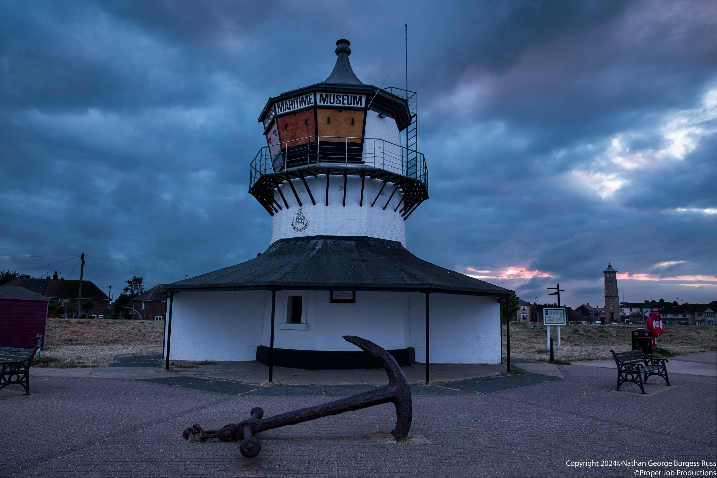 Harwich Low and High Lighthouse during blue hour.

The 21 meter tall Harwich High Lighhouse was designed and built by Daniel Asher Alexander at the same time as the Low Lighthouse.


Harwich Low Lighthouse is a 16.5 metre tall brick building with 10 
