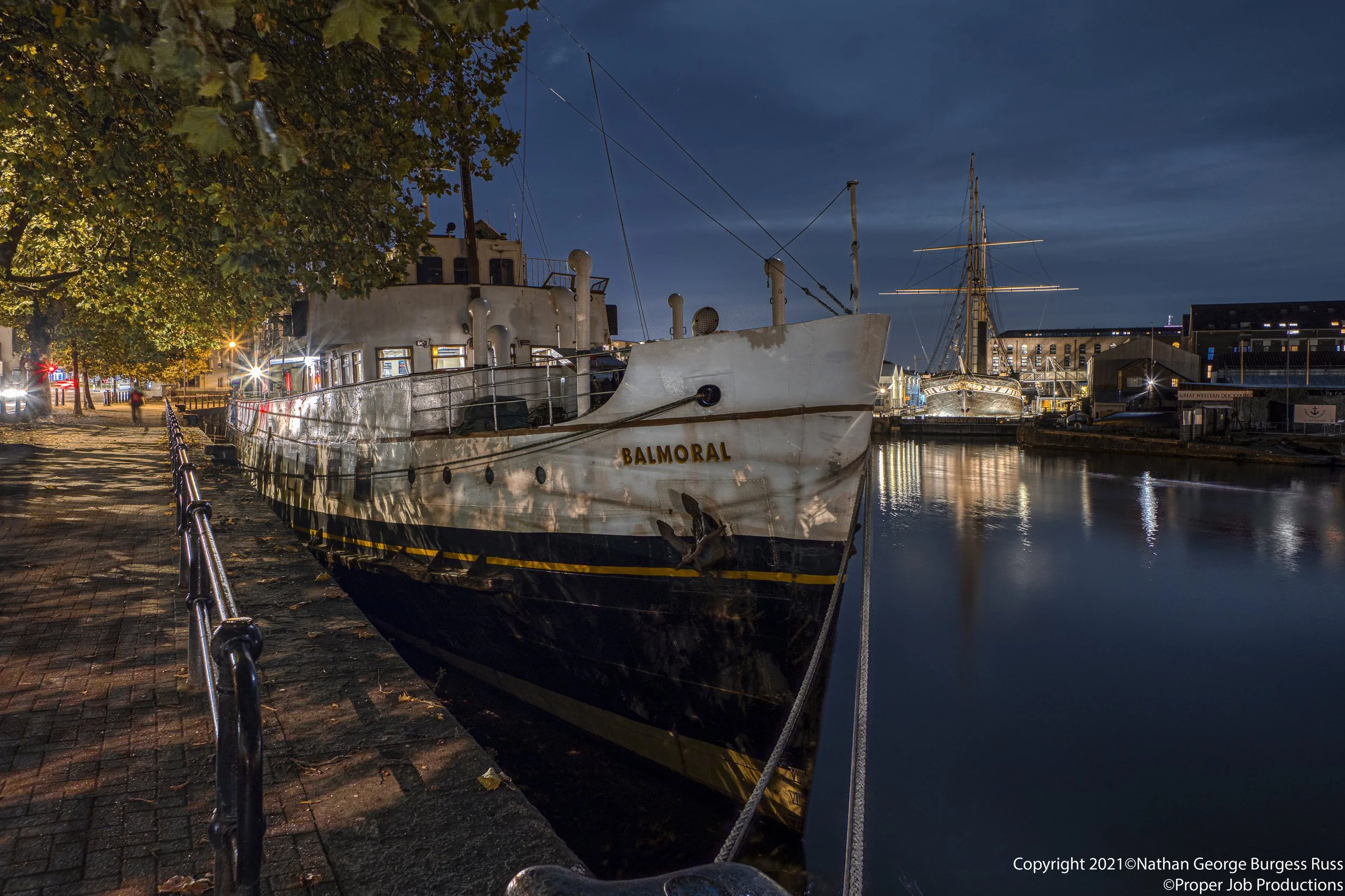 MV Balmoral & SS Great Britain at night.

MV Balmoral was built by the John I. Thornycroft & Company in 1949 for use by the Red Funnel Line in 1968, as part of thier Southhampton, Isle of Wight and South of England Royal mail routes. When Red Funnel 