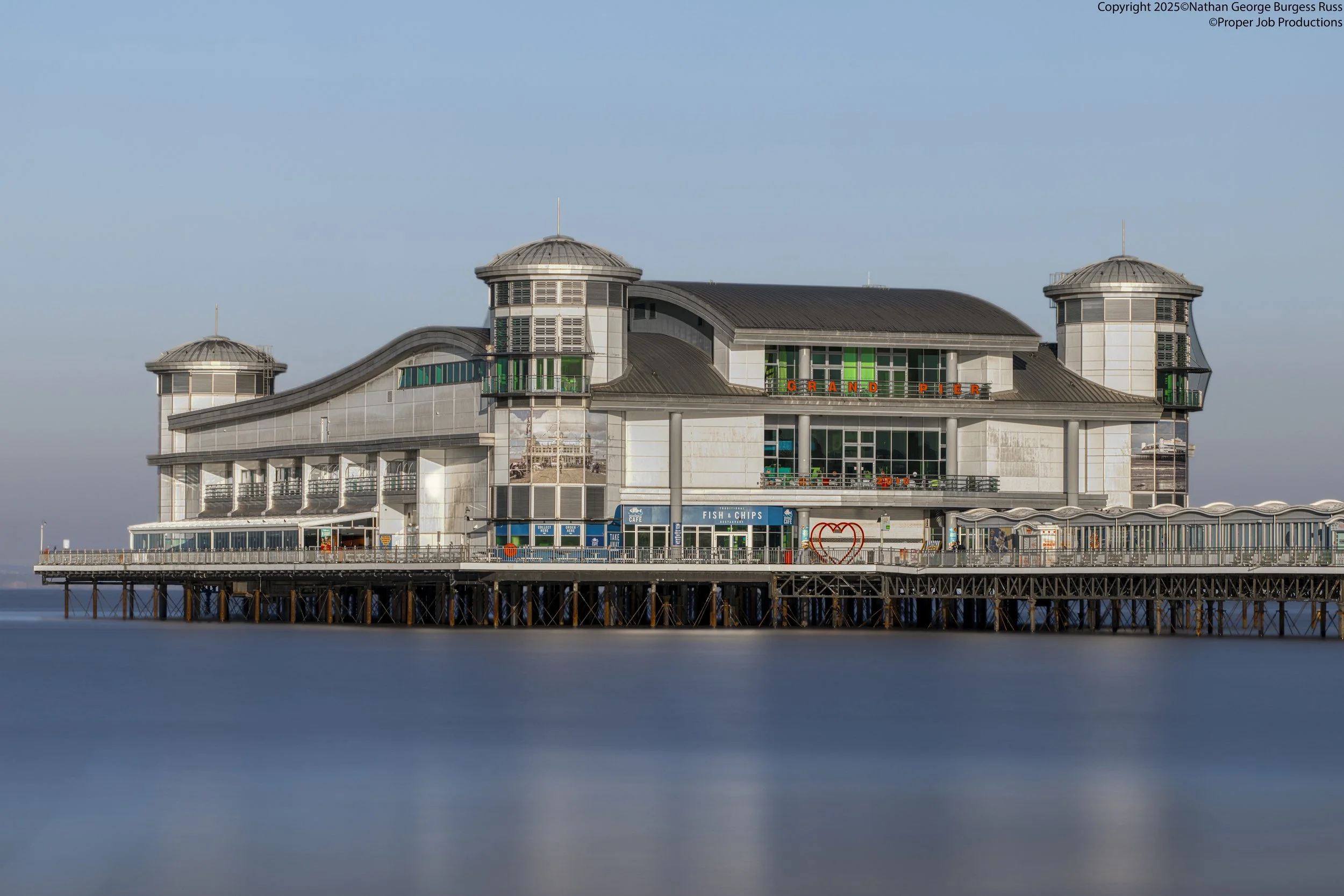 Weston-Super-Mare Grand Pier during a King High Tide in spring, also known as a Perigean spring tide.

The Grand Pier is a classic example of late victorian pleasure piers, the Pavillion is the third one built after the first pavillion was destroyed 
