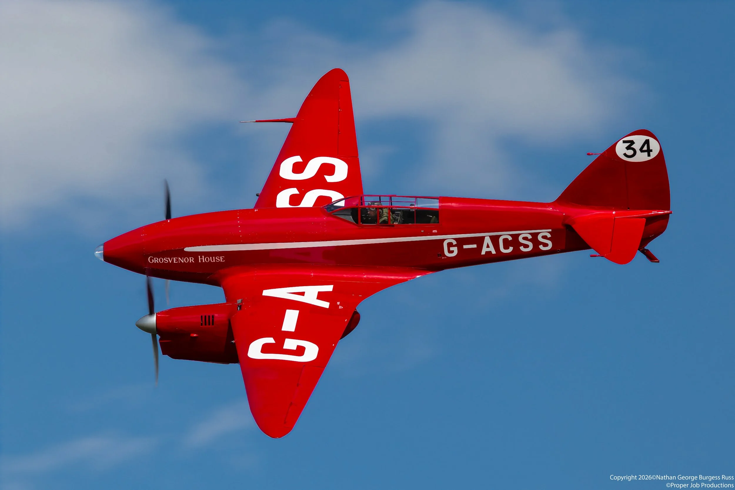 The de Havilland DH.88 Comet “Grosvenor House”, now part of the Shuttleworth Collection.  It was purpose‑built for the 1934 MacRobertson Air Race from Mildenhall, England, to Melbourne, Australia. Although the de Havilland Board expected the project 
