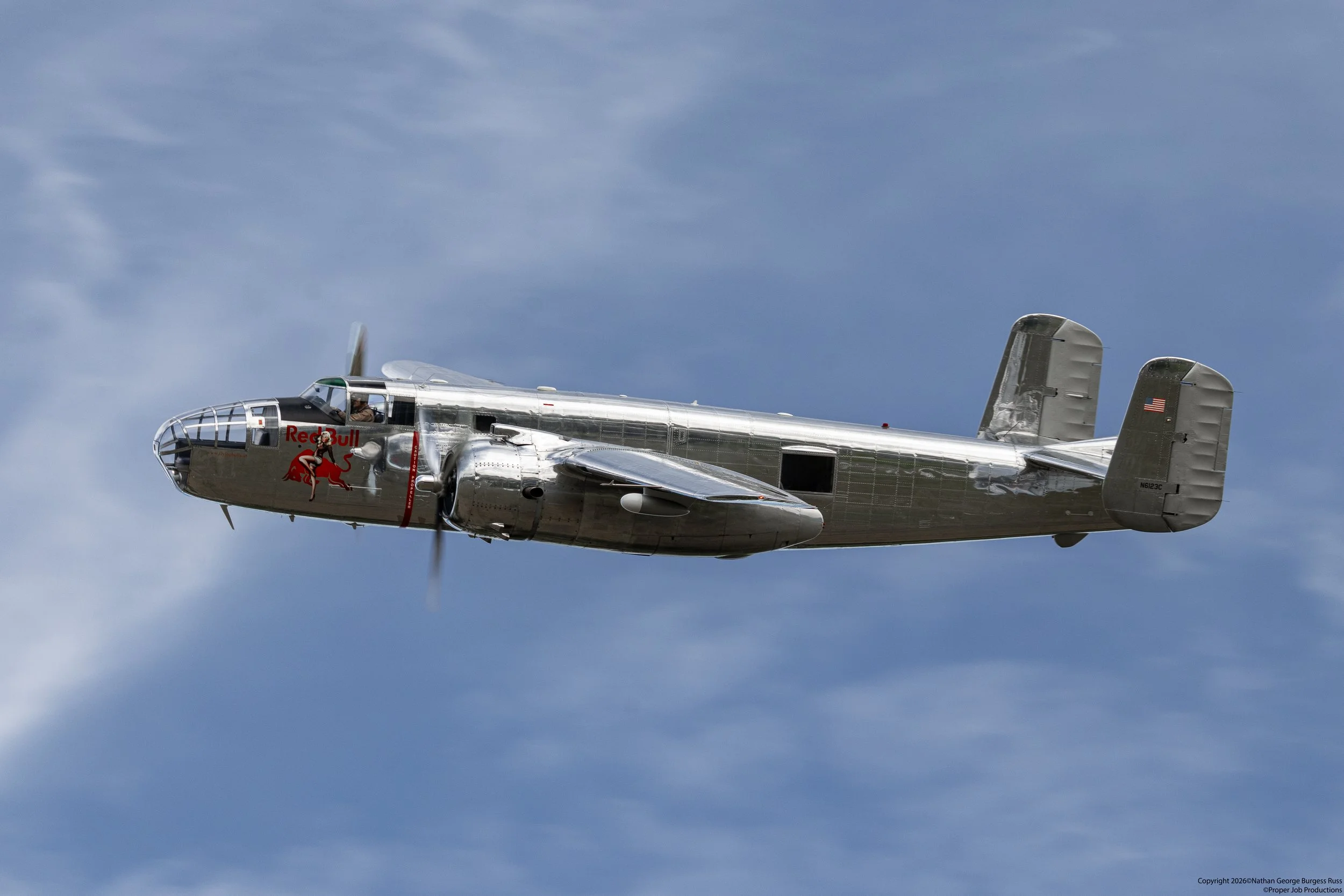 This North American B-25J-35-NC was built in 1945 and delivered to the United States Air Force (USAF) Air Transport Command (ATC) firstly with with 4149 Base Unit at Fort Dix before moving to 110 Base Unit at Mitchell Field and finally ended up with 