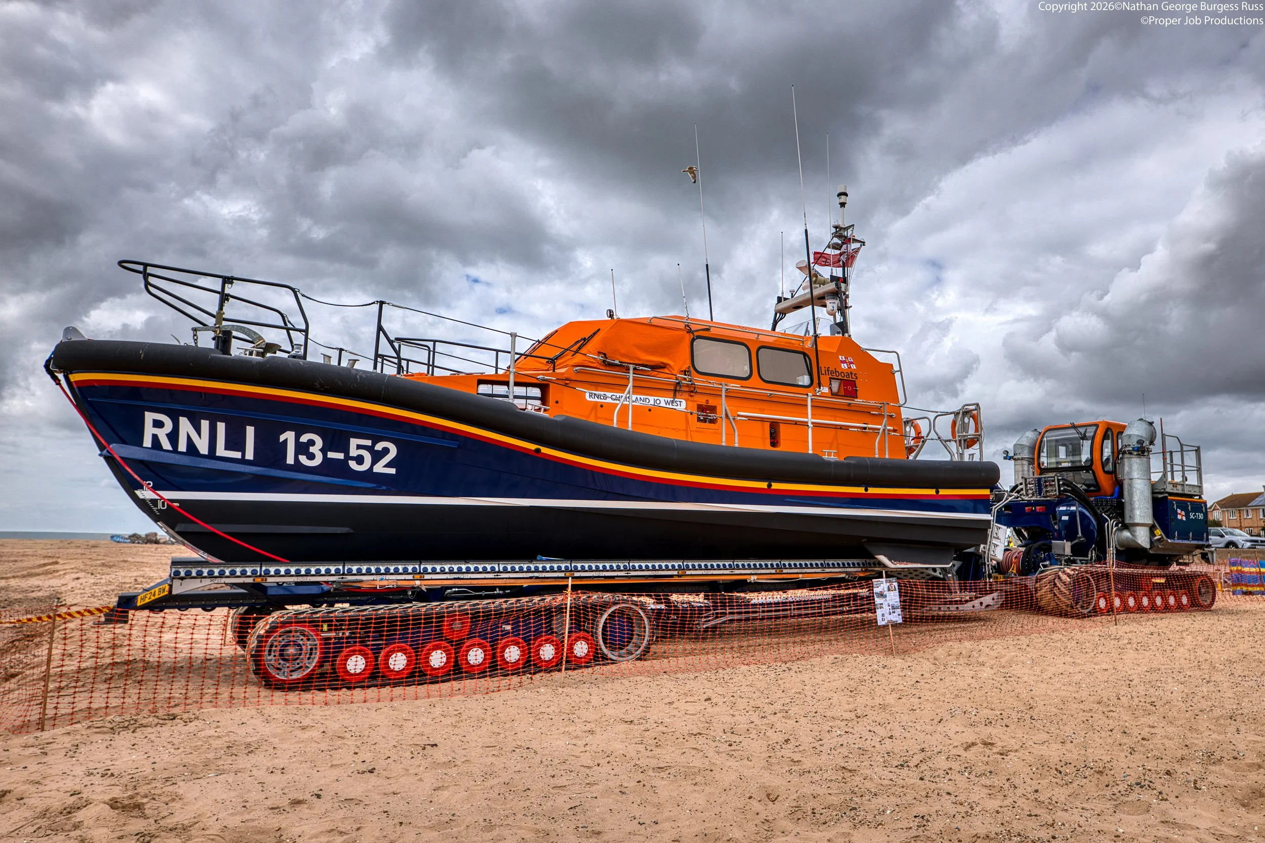 The RNLI's Shannon-class lifeboat Chris and Jo West 13-52 with the accompanying Shannon Launch and Recovery System (SLARS) SC-T30 on Clacton-On-Sea beach.

The Royal National Lifeboat Institution introduced the Shannon Class in 2014, with the Chris a