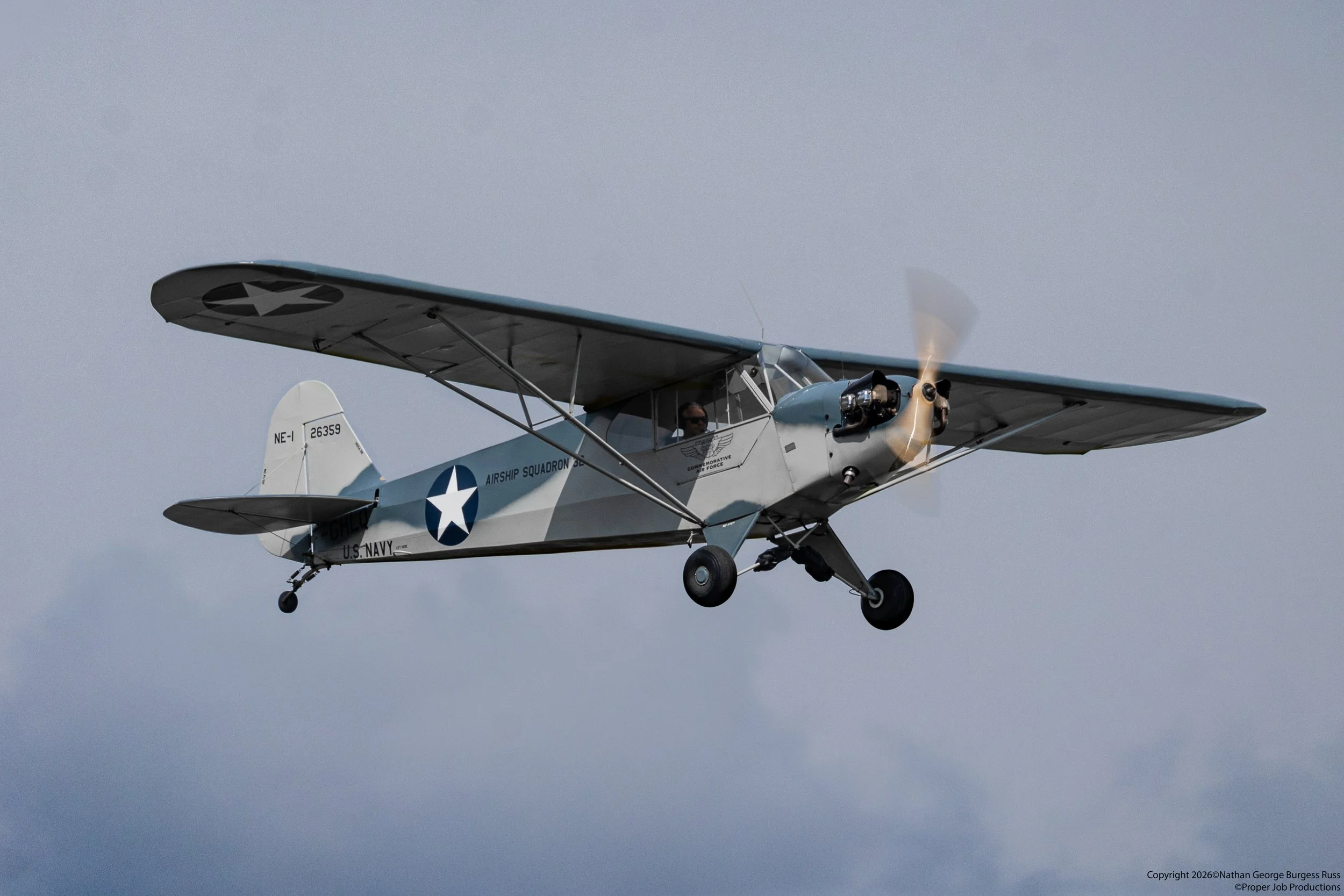 "The Little Blue Cloud" Piper NE-1 Cub - 26359, it flew with the U.S. Navy's Airship Squadron 32 during the Second World War and now is operated by the Commemorative Air Force (CAF) French Wing.
