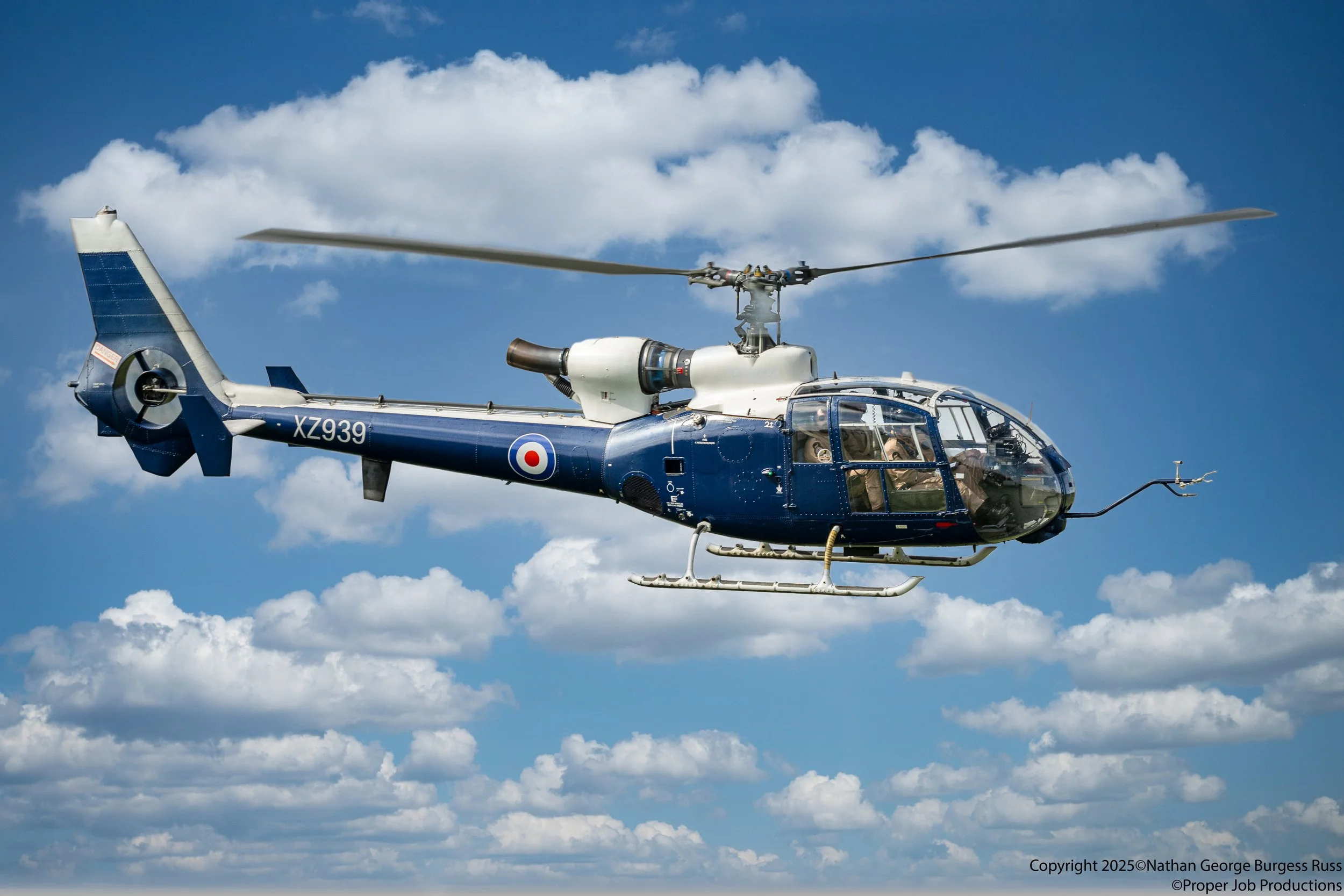 Westland SA.441C Gazelle HT.2/3 XZ939 was built under licence from Aerospatiale in 1978.

At first she was delivered to the Royal Navys 706 Naval Air Squadron but was converted into a HT.3 varient for use of the Royal Air Force Shawbury.

In 1991 the