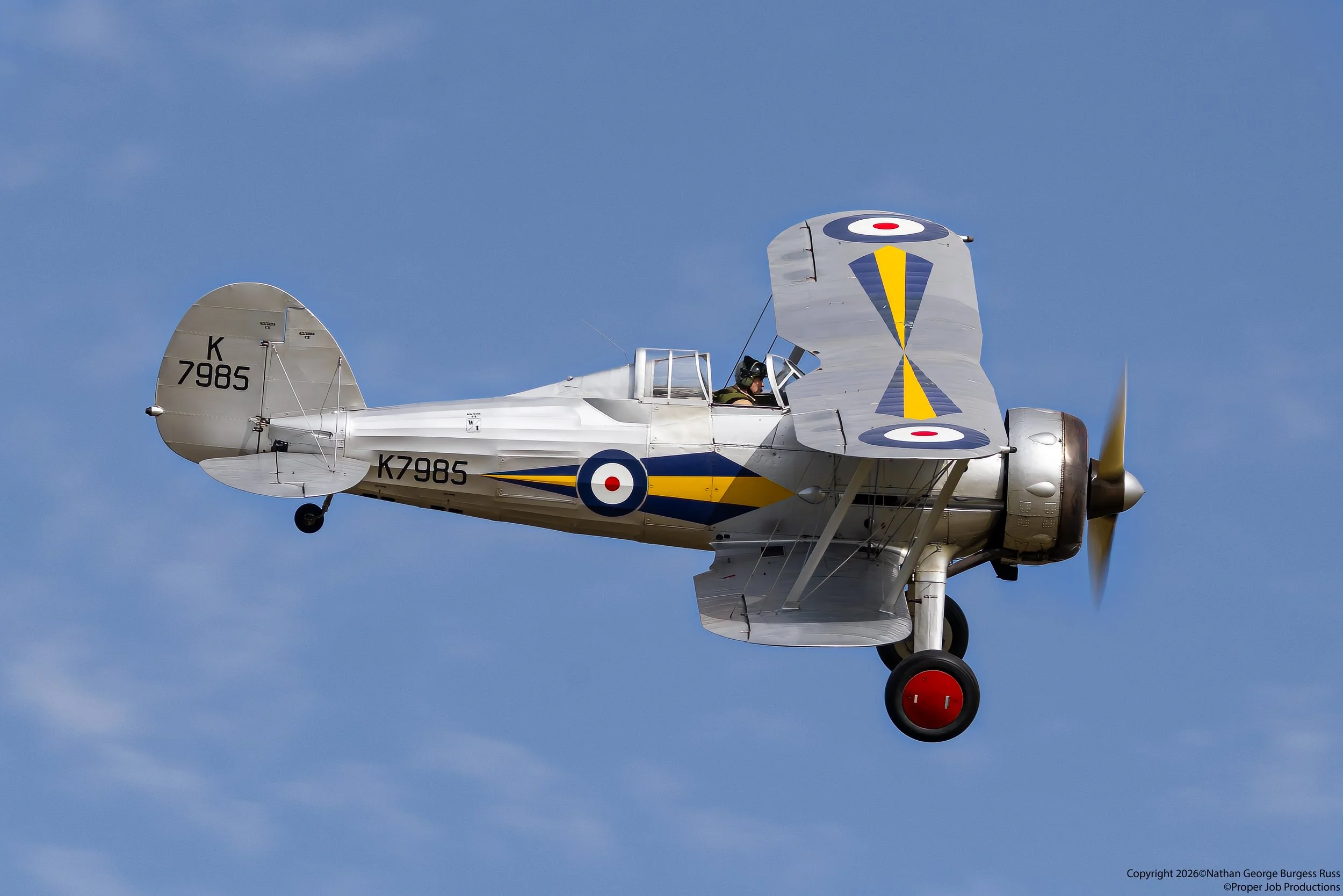 Gloster Gladiator - K7985 is the last Gloster Gladiator MkI to come off the production line in 1938, but wasn't put together till in 1938 with the original tail number of L8032.

In 1948 she was brought back to Gloster Aircraft Company with Gloster G