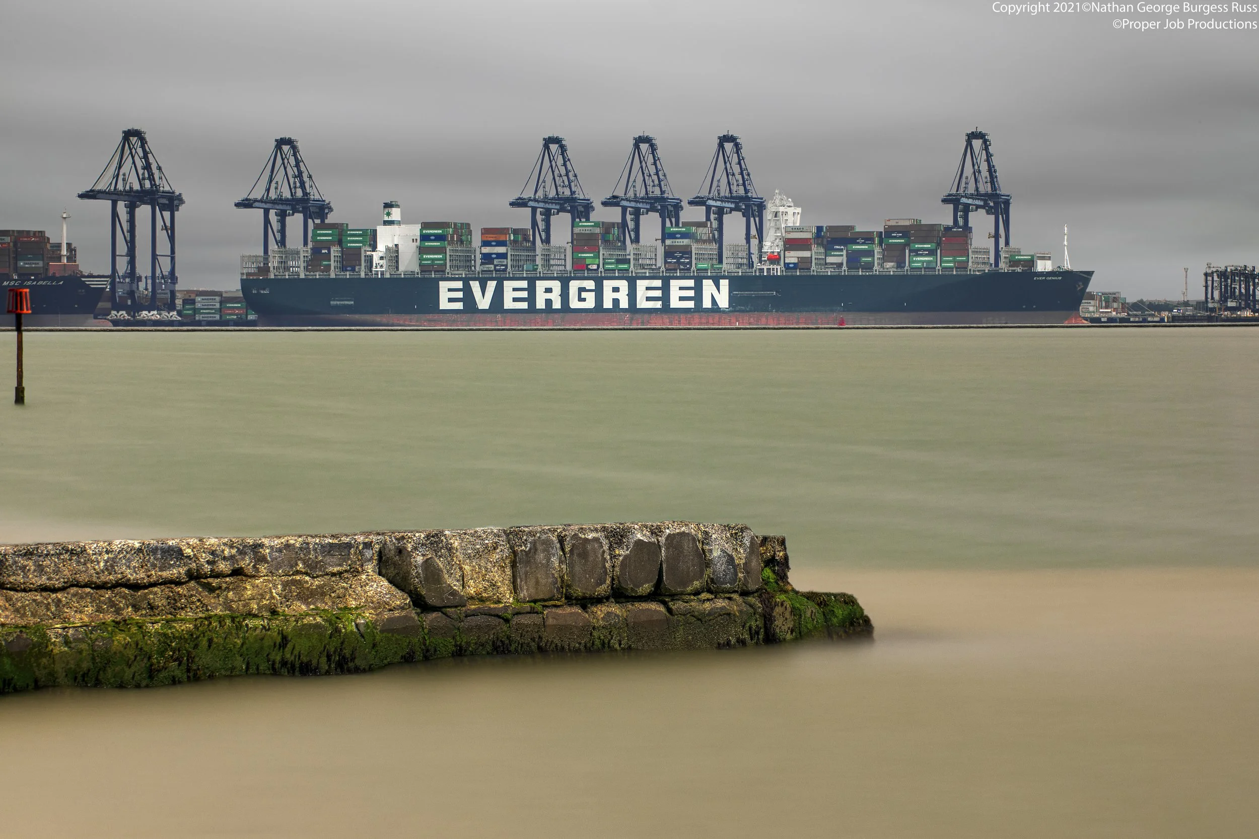 A 90 second long exposure of the Evergreen Genius in Felixstowe Docks Landguard Terminal and part of the causeway leading to the Lower Lighthouse at Dovercourt Beach.

The Port of Felixstowe is the largest container port in the UK, the 8th in europe 