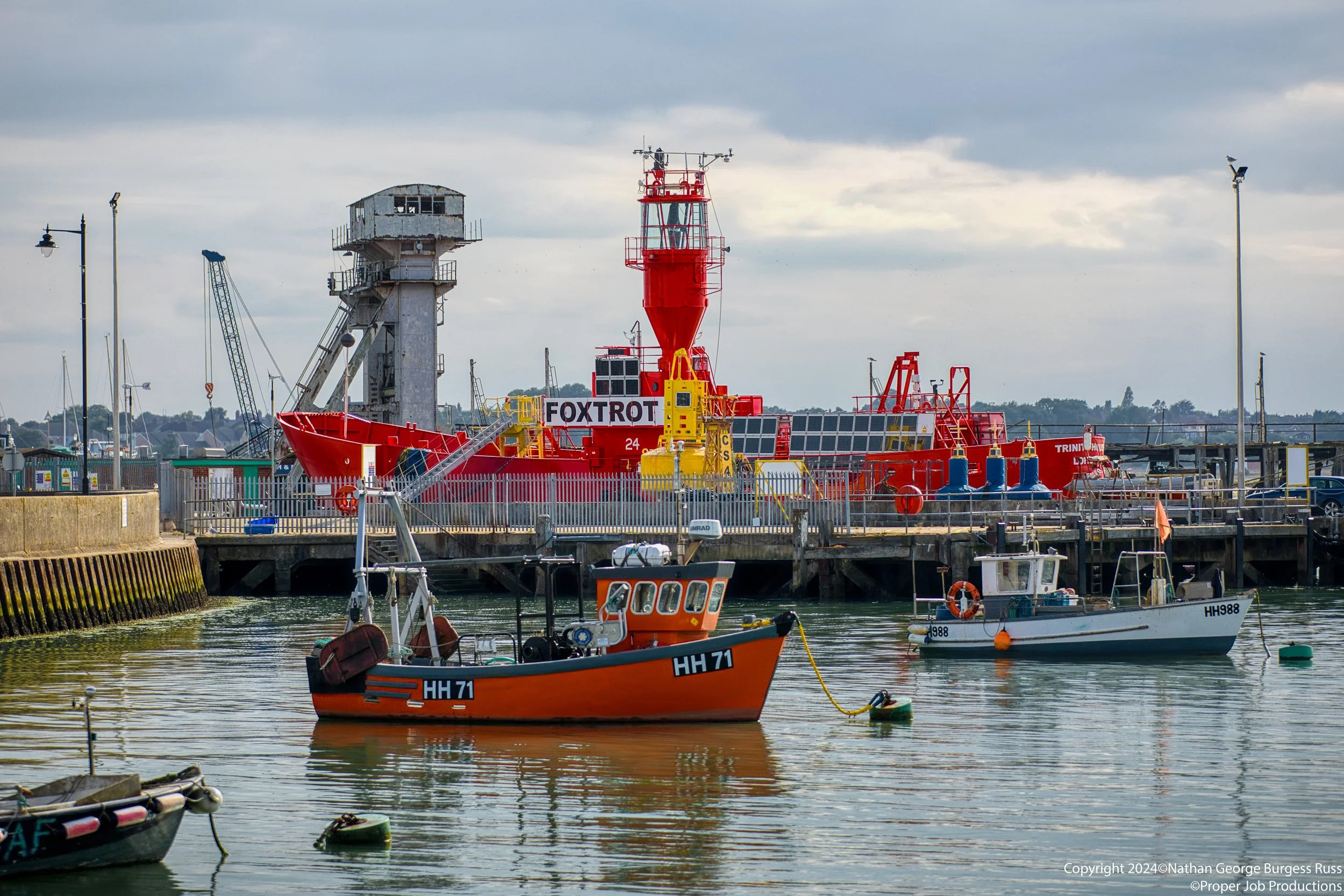 Trinity House Lightvessel 24 - Foxtrot 3 in Trinity House Docks, with the Jackie Dawn and HH988 in Harwich Haven Harbour.
