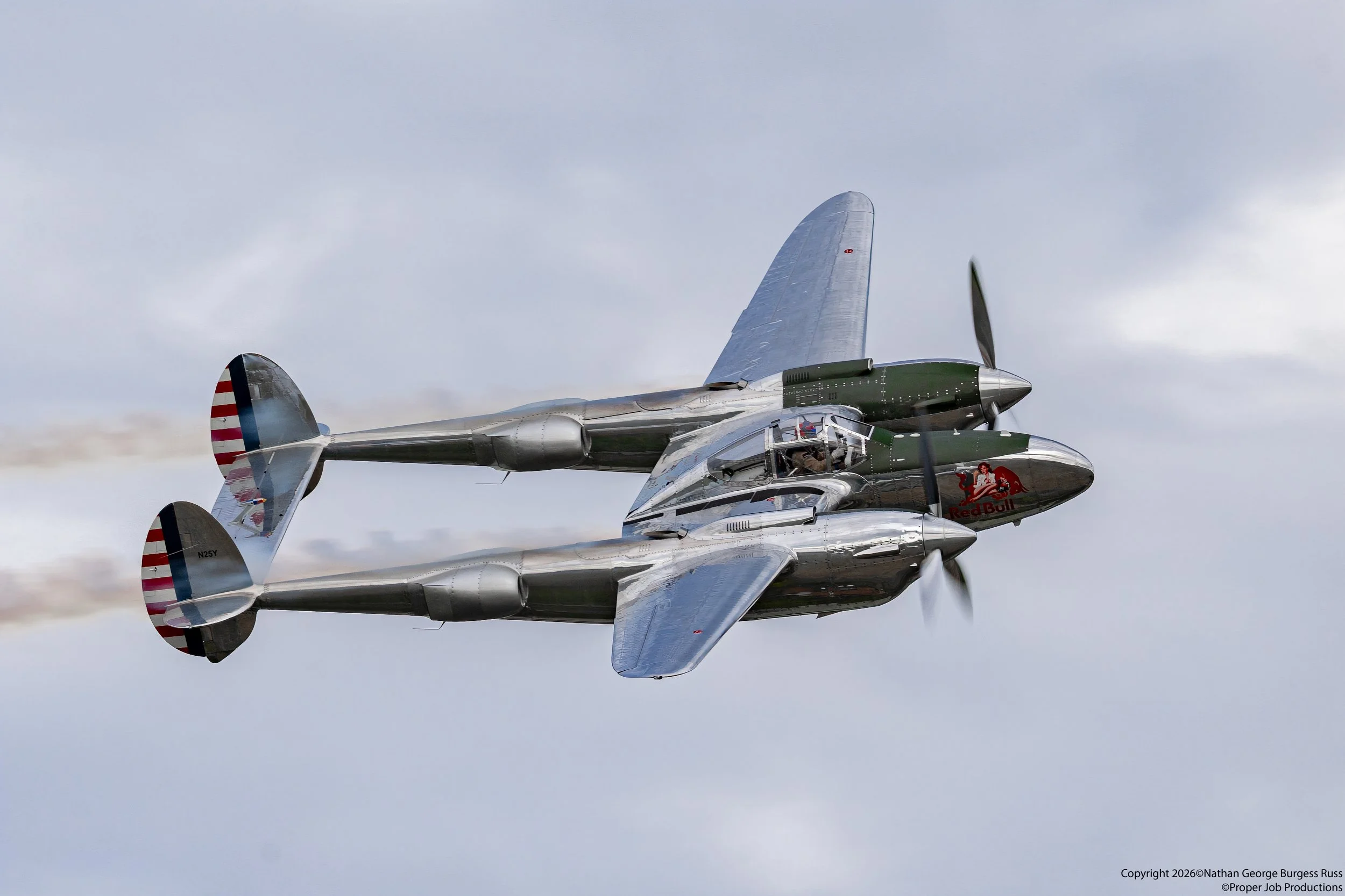 This Lockheed P-38L Lightning was built in Burbank in the Lockheed Aircraft Corporation factory in late 1944.

She was delivered to the U.S. Army Air Force in July 1945 and was converted into a F-5G-6-LO Photo Recon.  

In 1946 she was assigned to Re