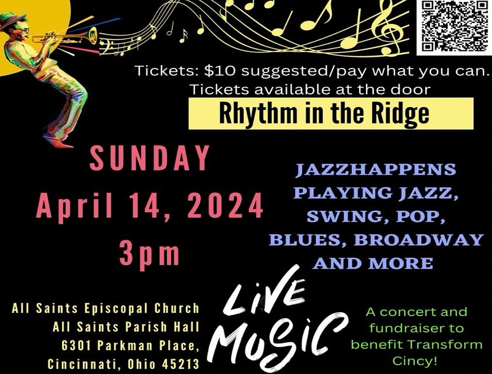 Save the date! On Sunday, April 14th at 3:00 pm our very own Deneen Trombetti&rsquo;s musical group Jazzhappens will perform a benefit concert at All Saints to support the work of @transformcincy. To learn more about Transform Cincy and how it suppor