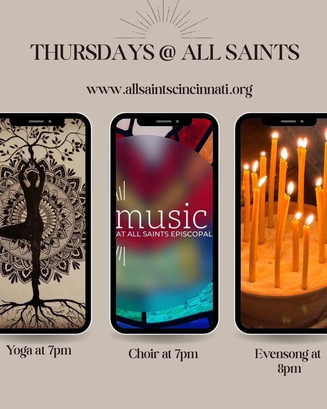 Need a place to come clear your minds? Join us on Thursdays from 7pm-8pm for yoga or Choir, and from 8-8:30 for evensong.