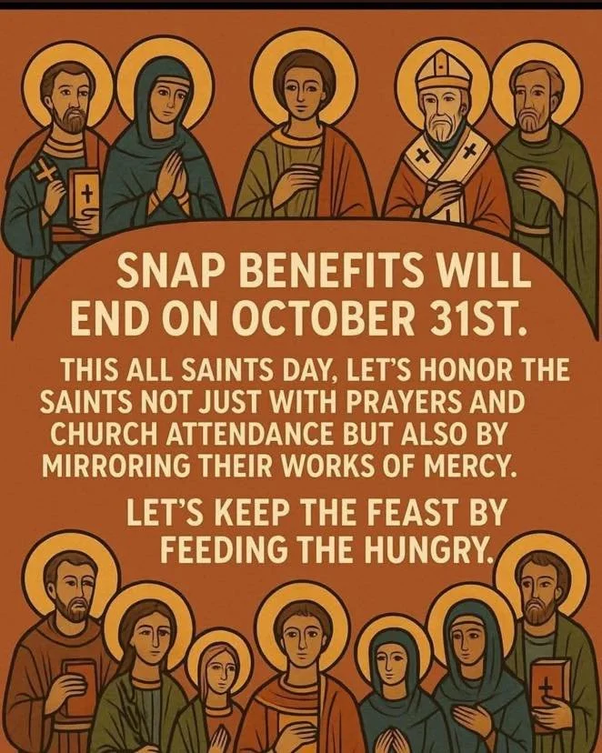 Saints. Please join me for the foreseeable future and bring in groceries for your neighbors. All donations will go to The Caring Place. For this week we will try to coordinate by bringing in pasta and spaghetti sauce. (Of course you can bring any non