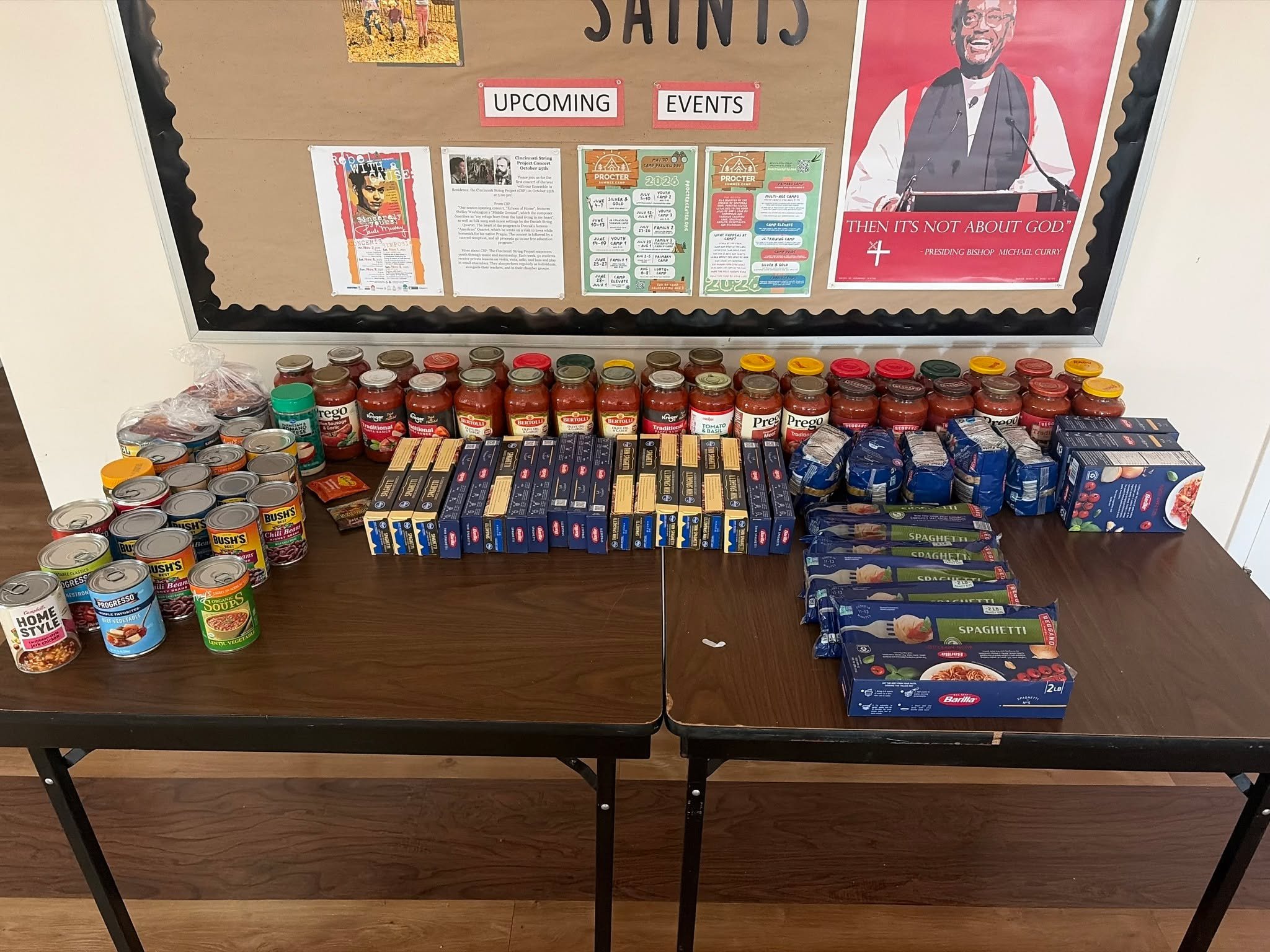 Well done saints! This past Sunday we collected food for our neighbors to donate through the Caring Place. We collected:
35 cans of pasta sauce
41 pounds of pasta
2 complete sets of white chicken chili
18 cans of soup and beans
2 seasoning packets
1 