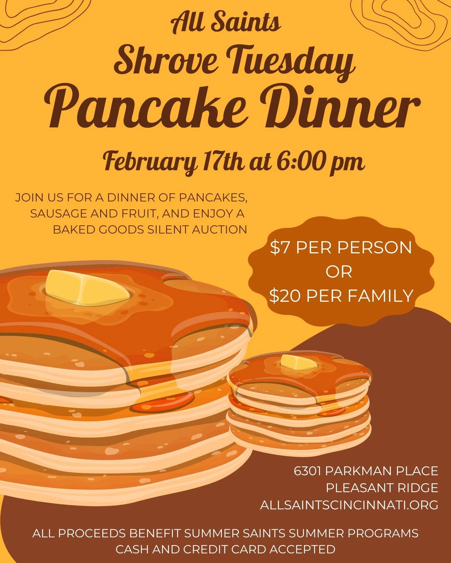 Saints, 
Join us next Tuesday for our Shrove Tuesday Pancake Dinner.  We will have pancakes, sausage and fruit as well as a Silent Auction.
To help with planning, please RSVP at the link below.
Tickets will be sold at the door. All proceeds will bene
