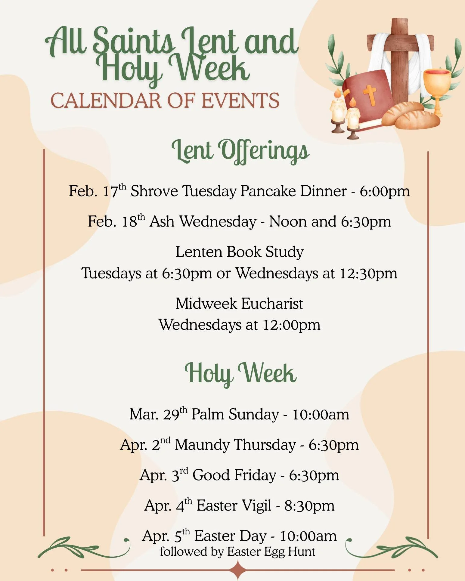 We are having two Ash Wednesday services.  Join us at noon or 6:30pm.
All are invited to our Lenten and Holy Week offerings.