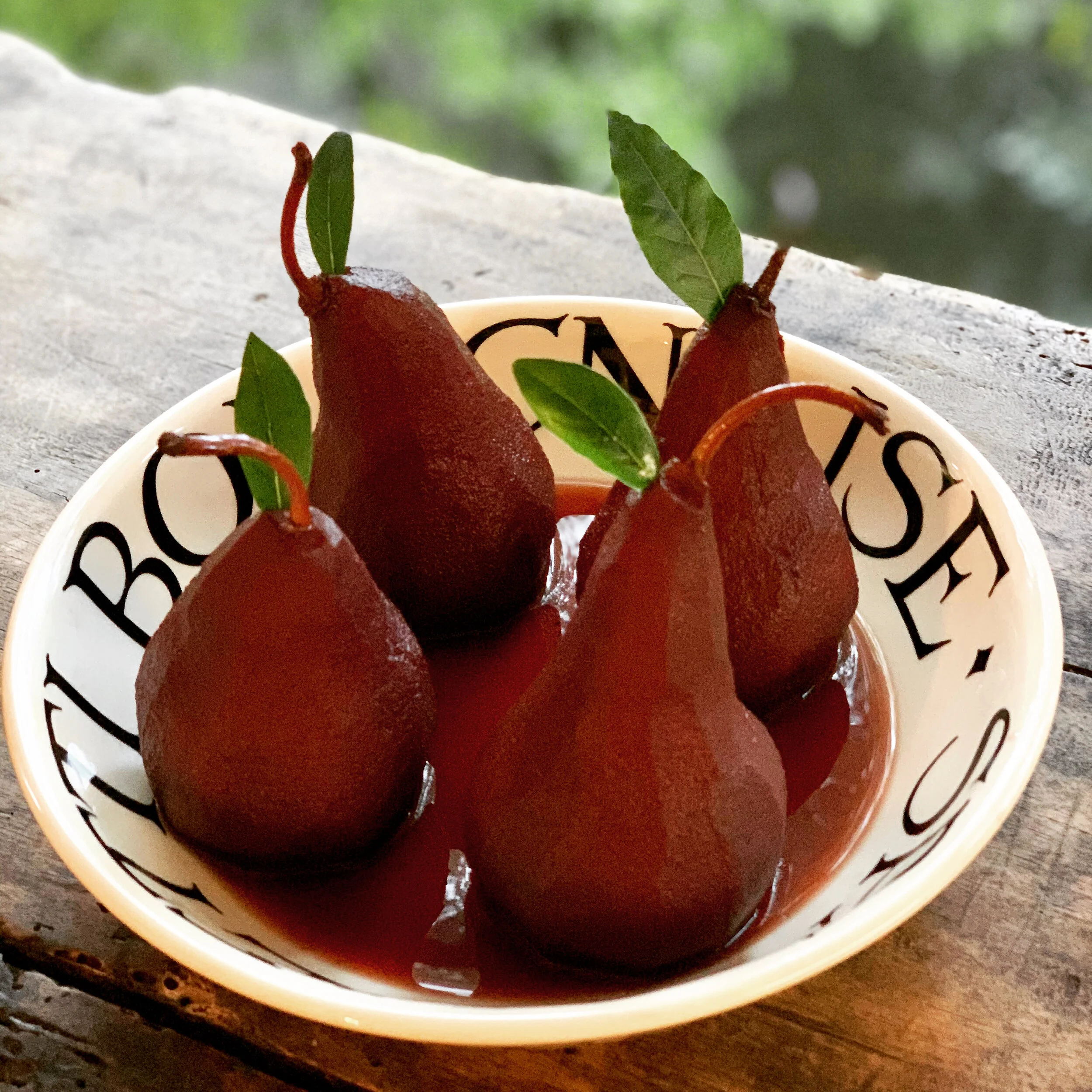 Anjou Pears Poached in Chianti with Chocolate Ganache 
