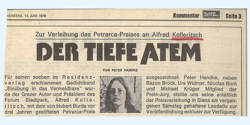 DER TIEFE ATEM. Zeitungsausschnitt von Peter Handkes Petrarca-Preisrede auf Alfred Kolleritsch