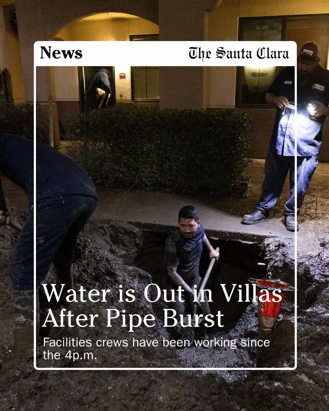 Update 7:44a.m. Jan 15, 2026: Water has been turned back on at the Villas as of 7::40a.m.

Students in the University Villas are without water because of a damaged main line pipe that caused flooding between residential buildings on Wednesday, Jan 14