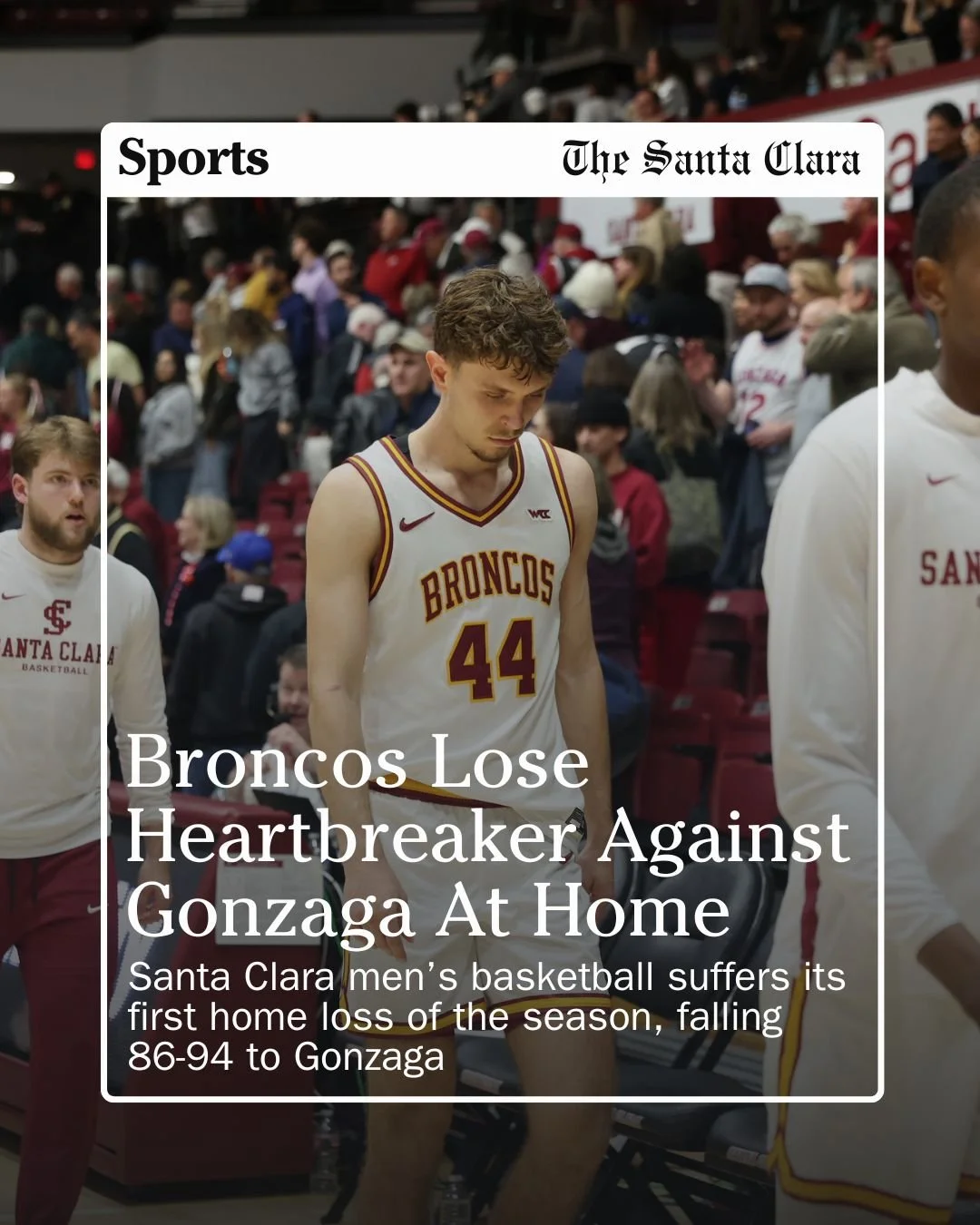 Santa Clara University men&rsquo;s basketball hosted conference rival Gonzaga in a thrilling, sold-out matchup at Leavey Center on Saturday night. 

The game opened as a high-paced, low-scoring affair for both teams, and halfway through the first hal