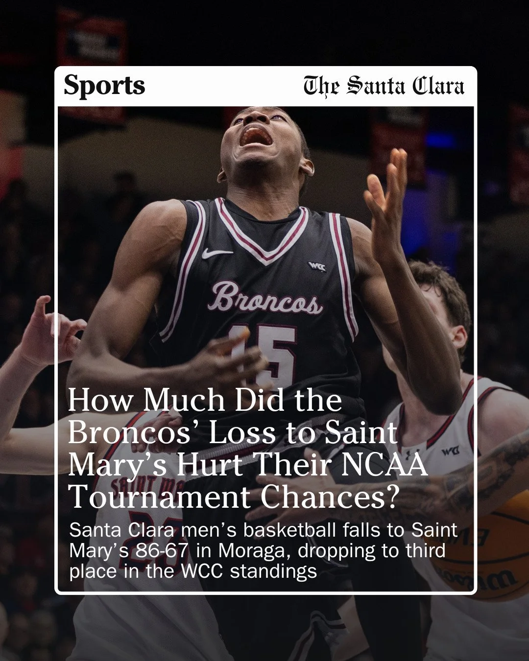 Santa Clara men&rsquo;s basketball traveled to Moraga, California to face Saint Mary&rsquo;s College on Wednesday, Feb. 25, in a matchup with major implications as both teams competed for better positioning in the WCC tournament. 

The game was packe
