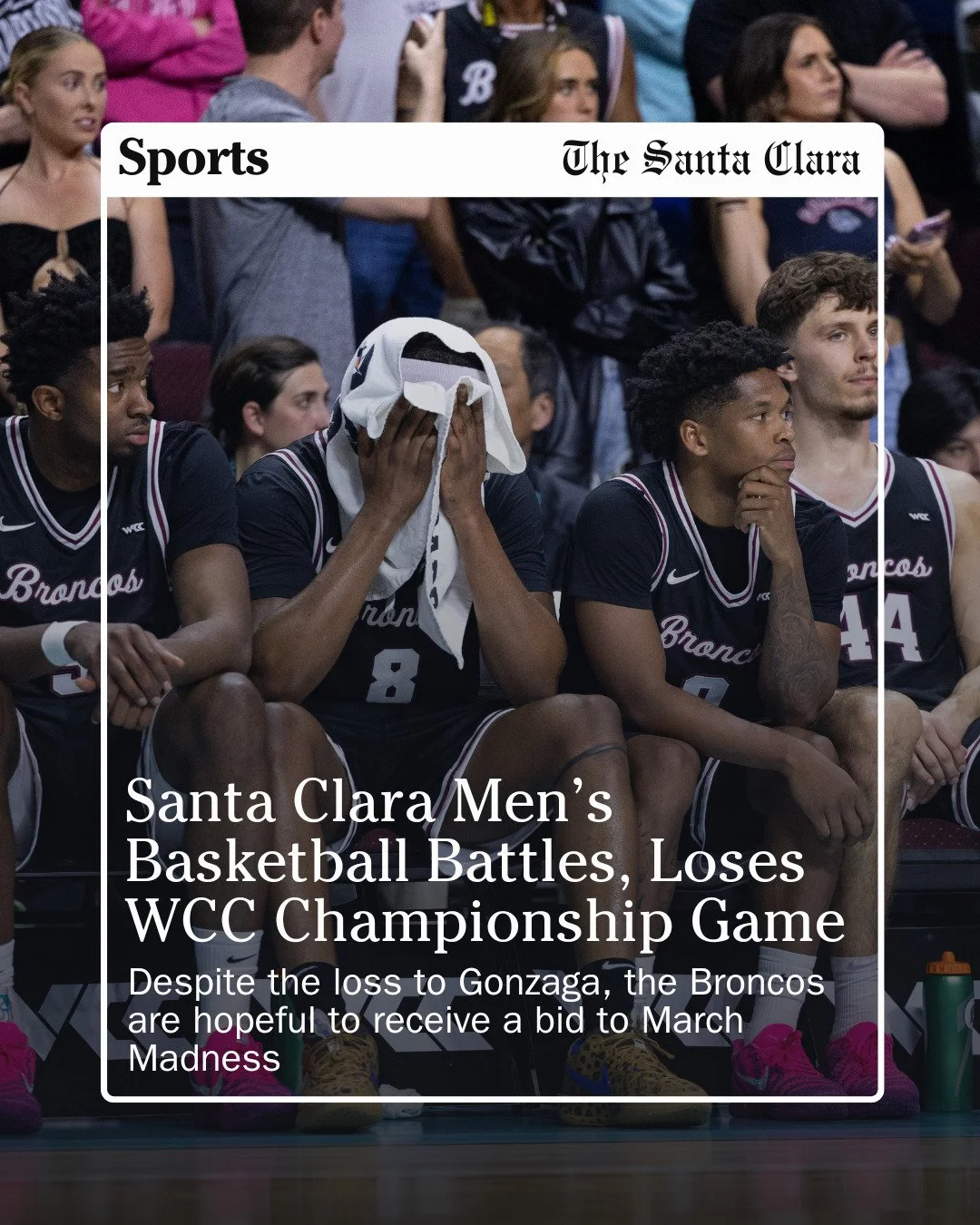 LAS VEGAS &ndash; No. 3 Santa Clara men&rsquo;s basketball (24-7, 15-3) fell to No. 1 Gonzaga (29-3, 16-2) 68-79 on Tuesday, March 10, in the Credit Union 1 West Coast Conference Basketball Championship title game at Orleans Arena in Las Vegas. 

San