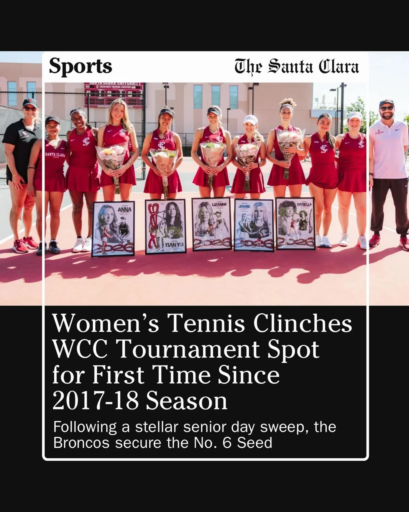 With their 4-0 senior day win over the Gonzaga Bulldogs, Santa Clara University women&rsquo;s tennis has secured the No. 6 seed in the West Coast Conference Tournament, marking their first appearance since the 2017-18 season.
The victory is a milesto