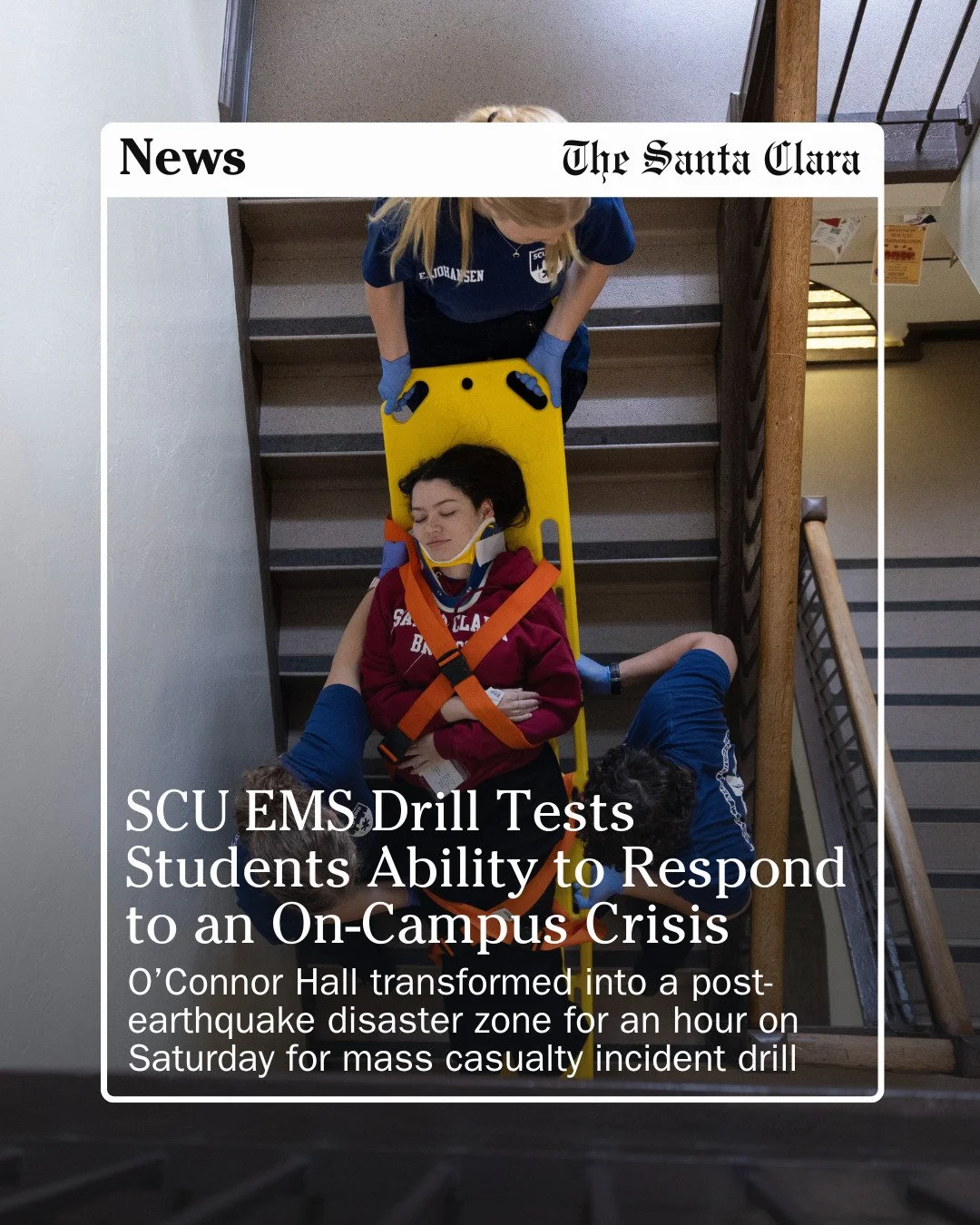 Outside O&rsquo;Connor Hall Saturday morning, members of Santa Clara University Emergency Medical Services applied fake blood and makeup onto fellow students.

They were preparing for their annual Mass Casualty Incident training drill, and those fell