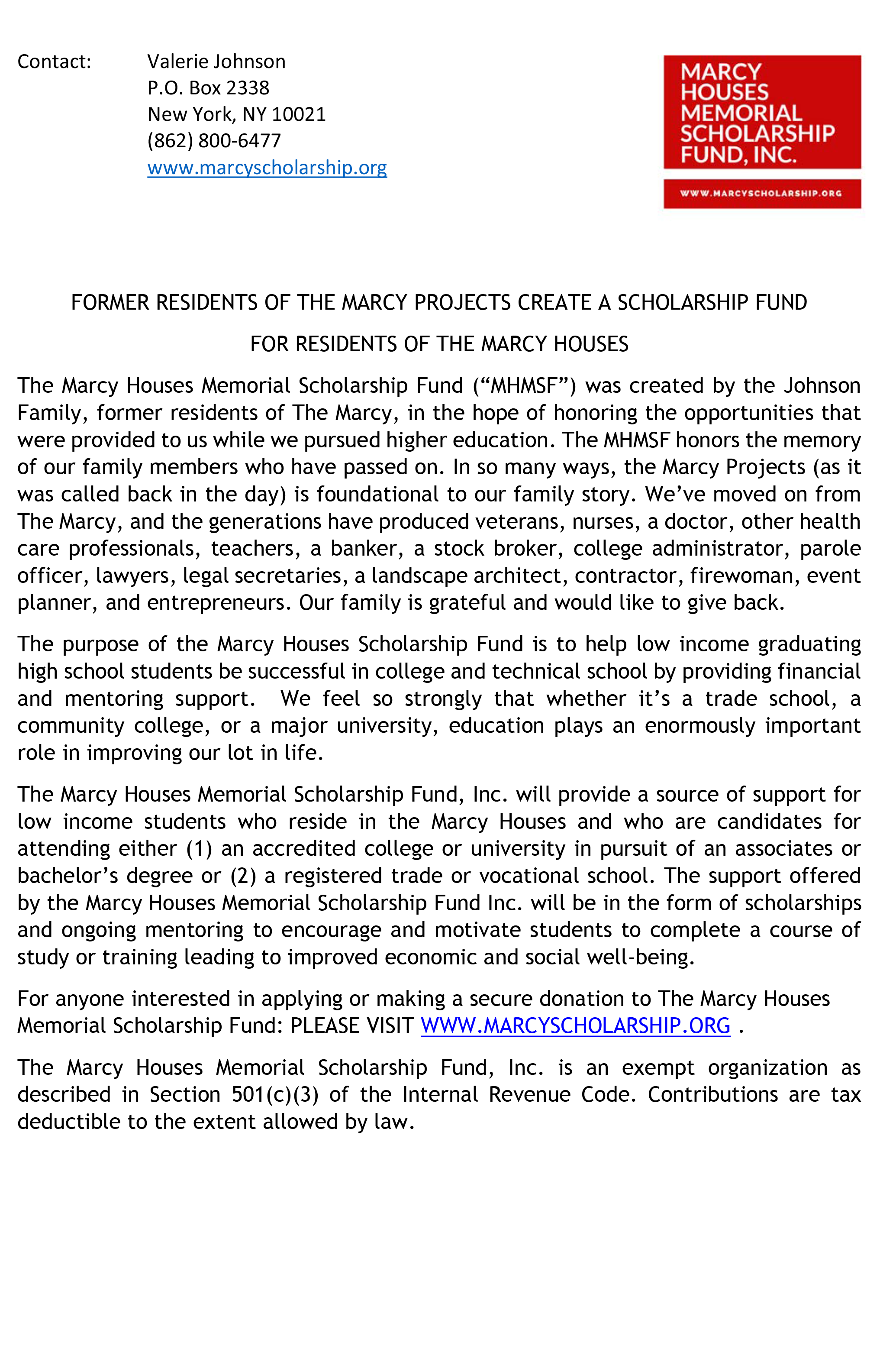 News & Announcements — Marcy Houses Memorial Scholarship Fund, Inc.