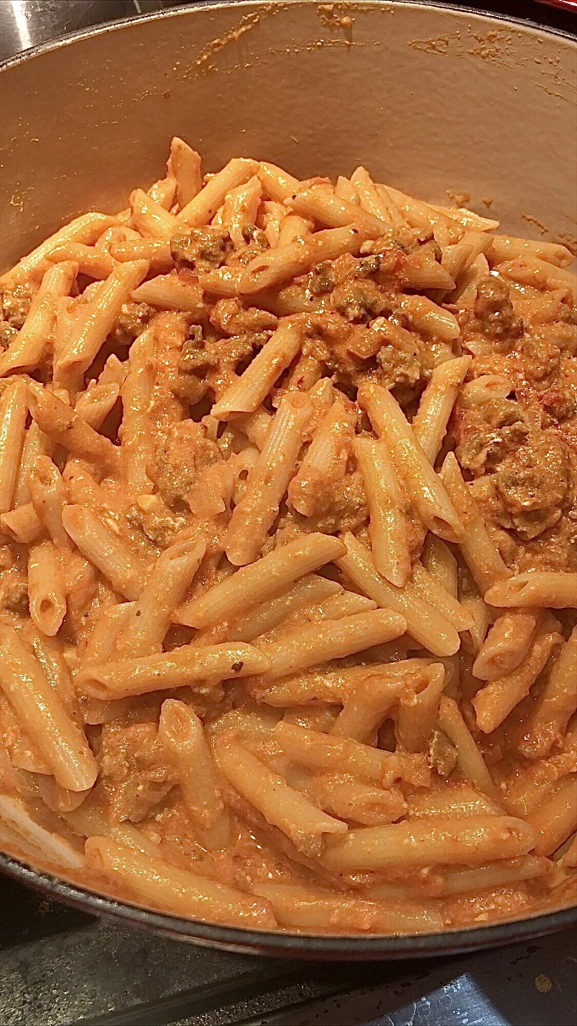 Penne alla Vodka with Sausage and Peas
