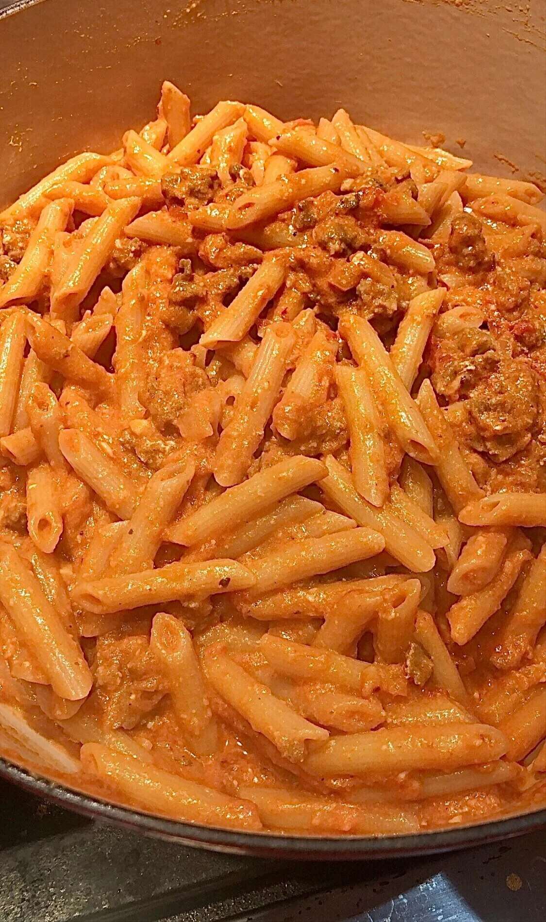 Penne alla Vodka with Sausage & Peas — one pot gal