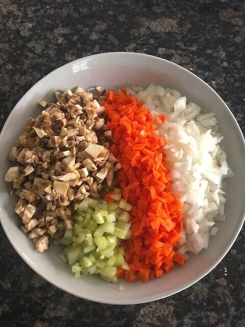 Beauteous rainbow: mushroom, celery, carrot, onion.