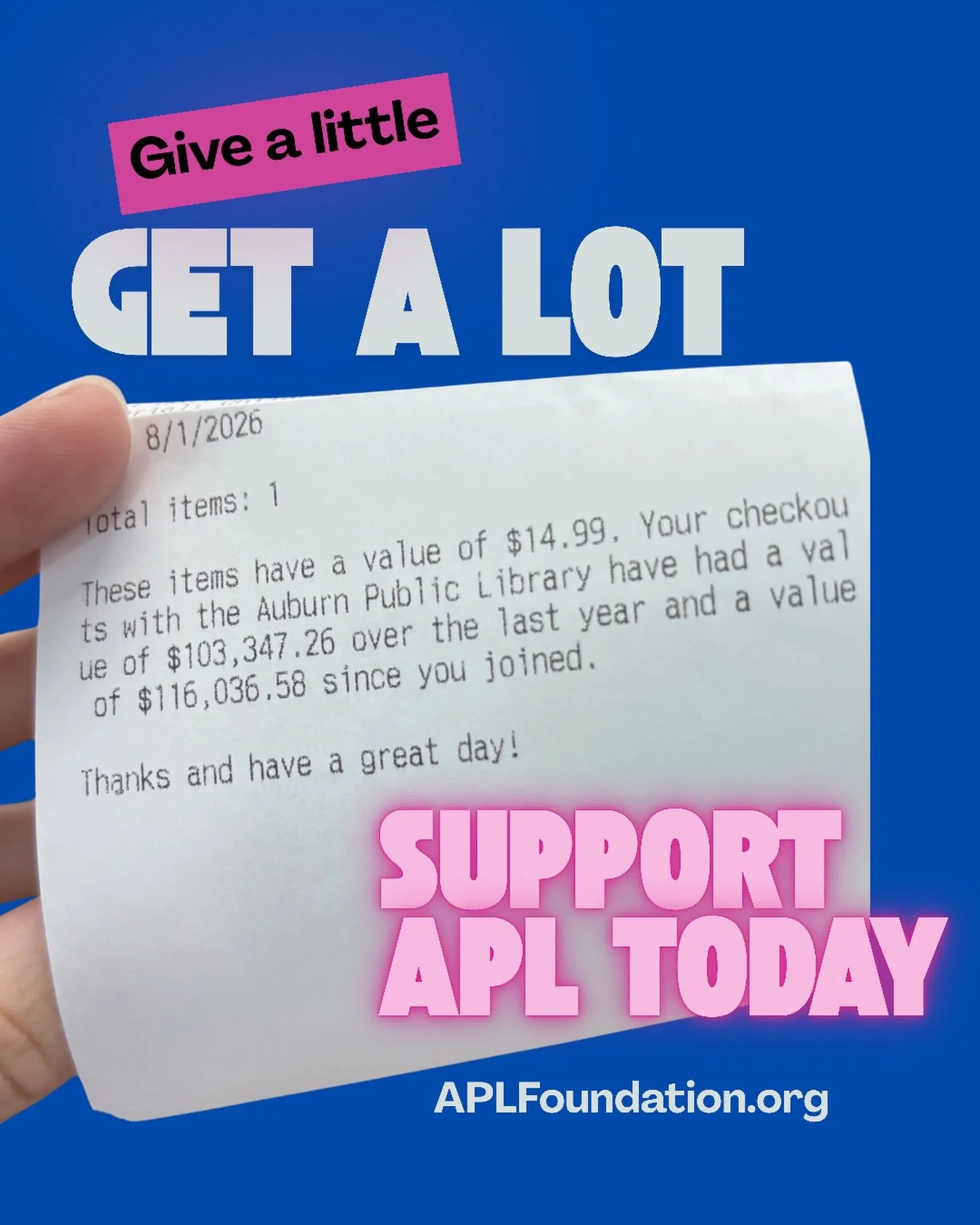 It&rsquo;s amazing to see just how much value the Auburn Public Library brings to our community. 

This receipt total doesn&rsquo;t even factor in programming and warm smiles. We know you can&rsquo;t put a price on those resources. 

Give today to sh