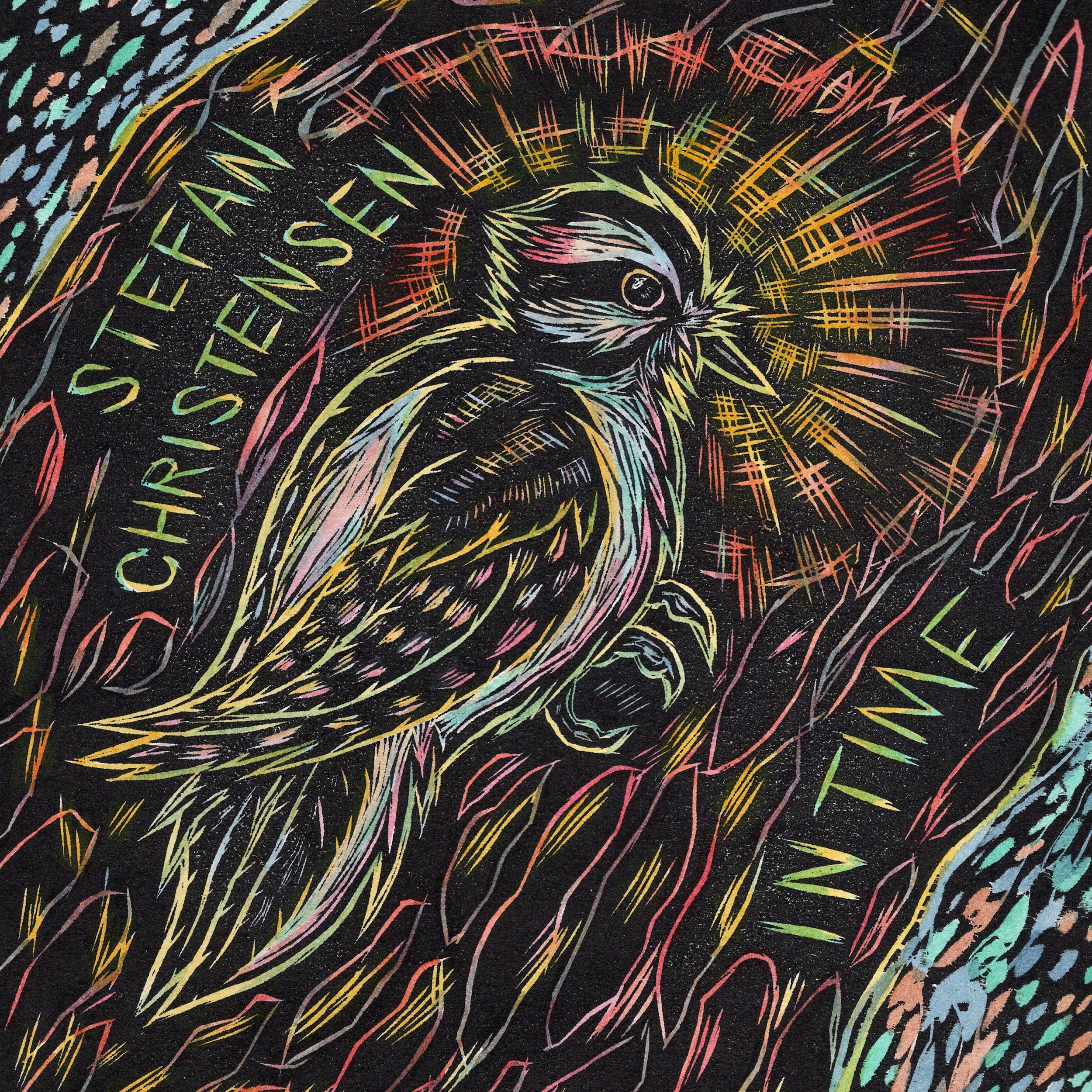  Full album jacket and insert layout artwork for Stefan Christensen's 2024 LP "In Time" released through C/Site Recordings. There are four hand-colored woodcut print images in all, this is the front cover. To listen to and purchase this record:  http