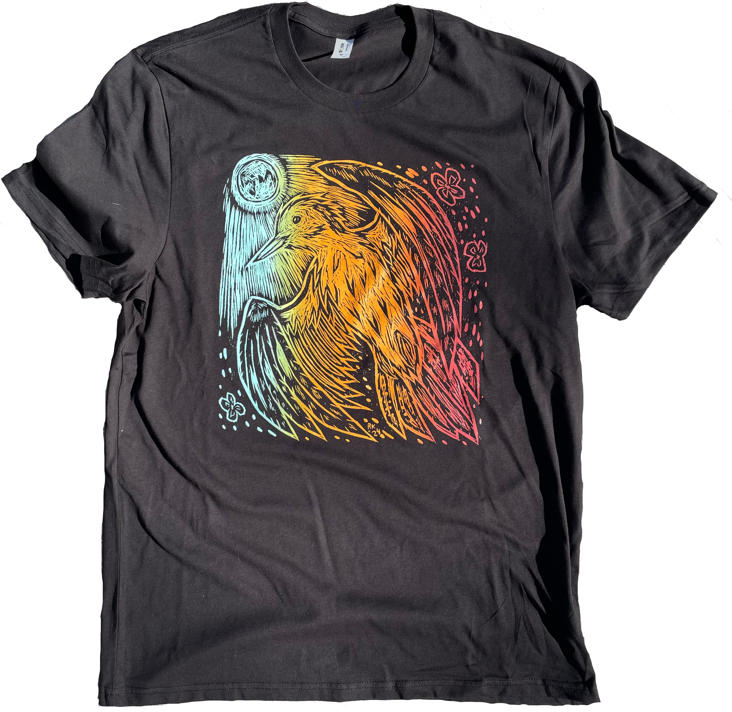  “Rhythmist &amp; Moon” t-shirt design screen printed with a split-fountain blend, 2024. Limited quantities available on the Sterna Press online shop. 