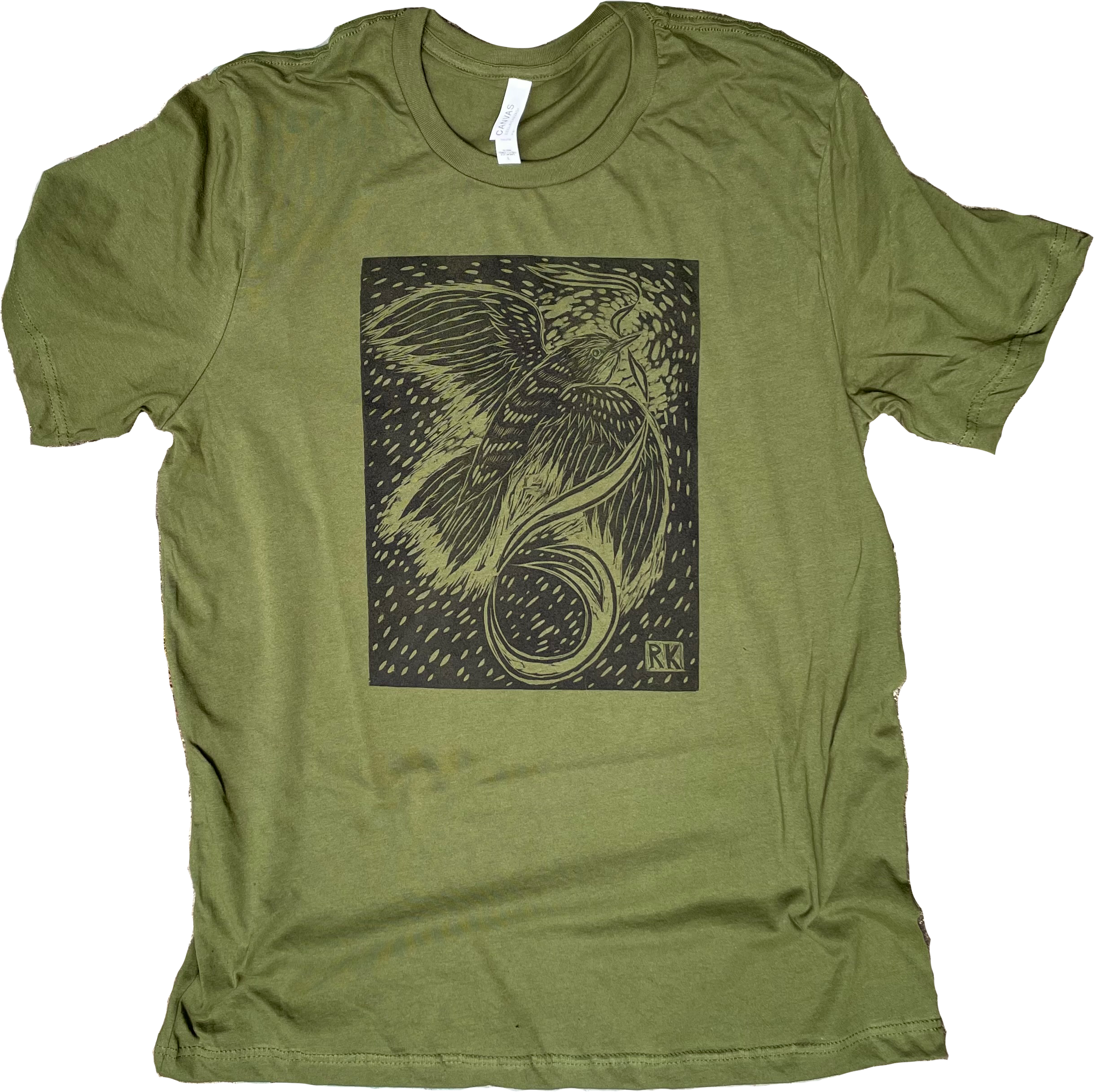  “Courier &amp; Ribbon” woodblock printed t-shirt design. Printed using textile relief ink in block on a hand-operated Woodzilla press with the image pulled directly from the carved woodblock, 2023. 